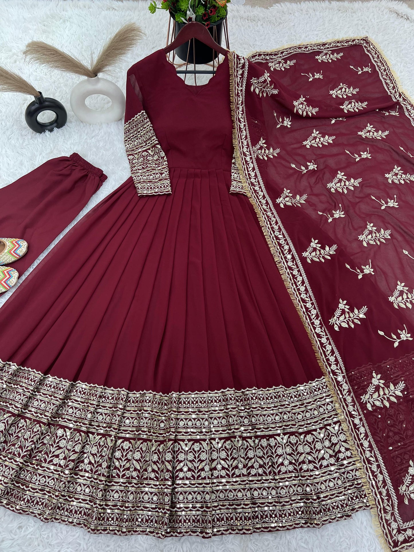 Heavy Sequence Work Maroon Color Gown With Dupatta