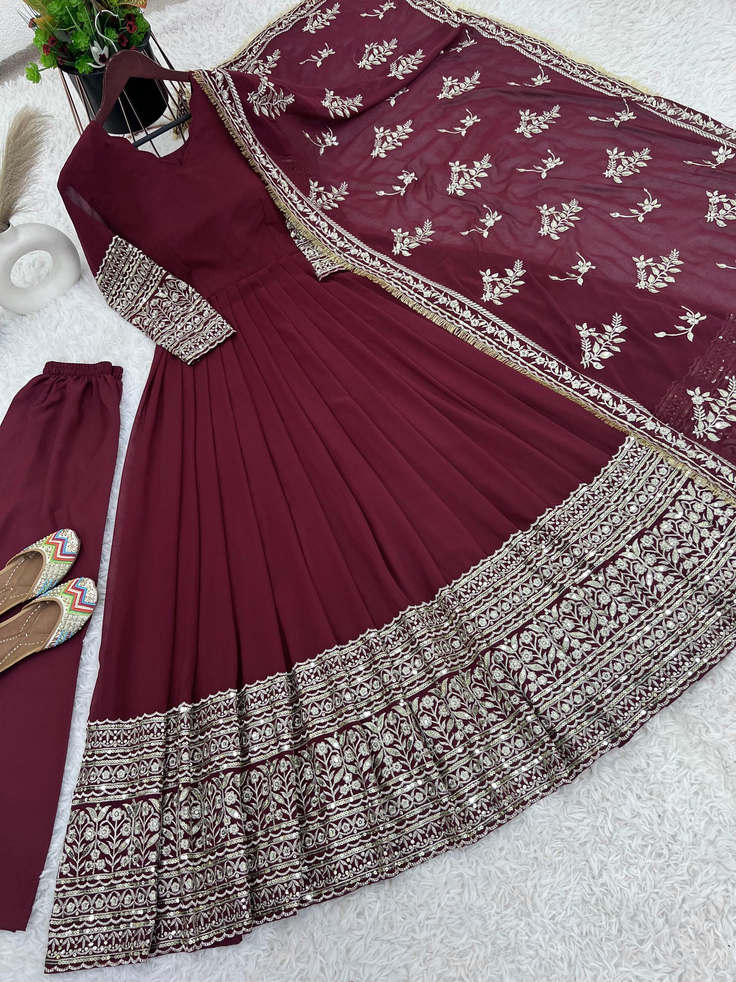 Heavy Sequence Work Maroon Color Gown With Dupatta