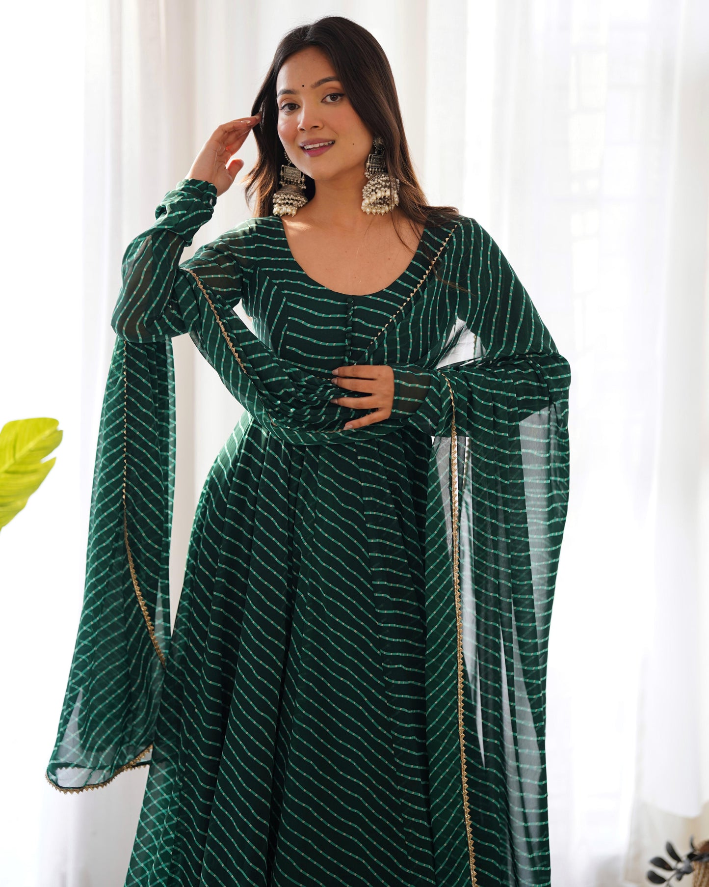 Green Color Leheriya Print Anarkali Gown With Dupatta