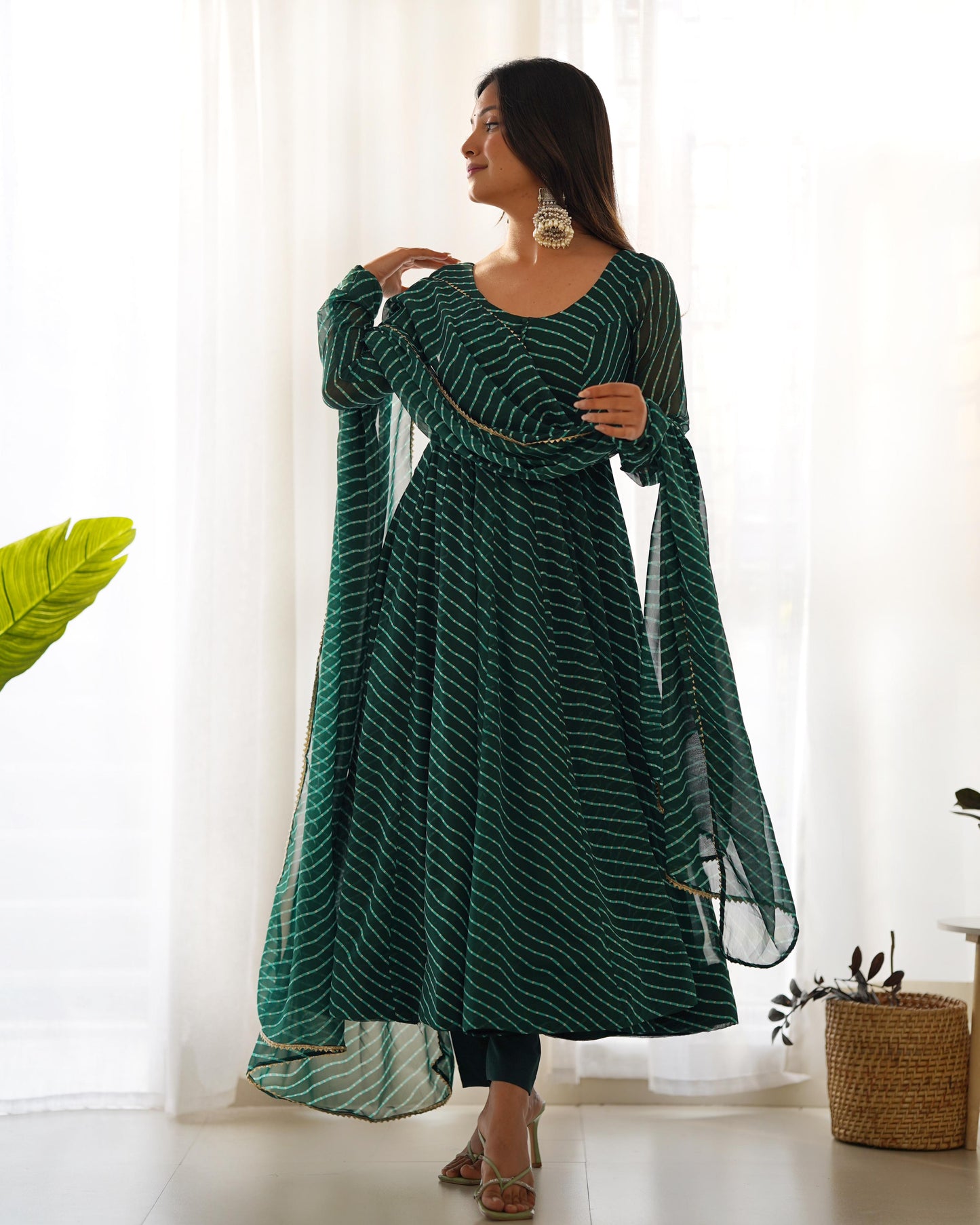 Green Color Leheriya Print Anarkali Gown With Dupatta