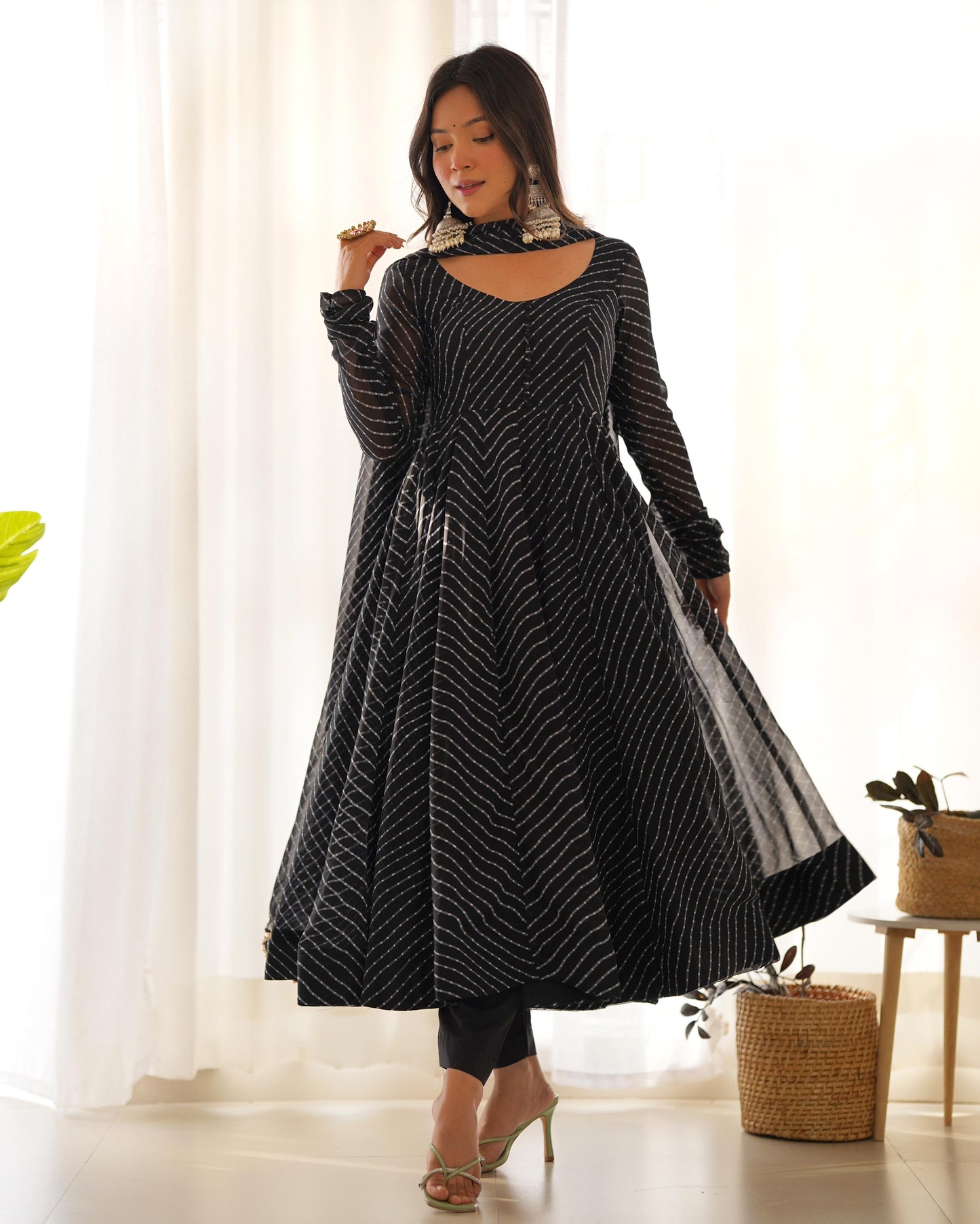 Black Color Leheriya Print Anarkali Gown With Dupatta