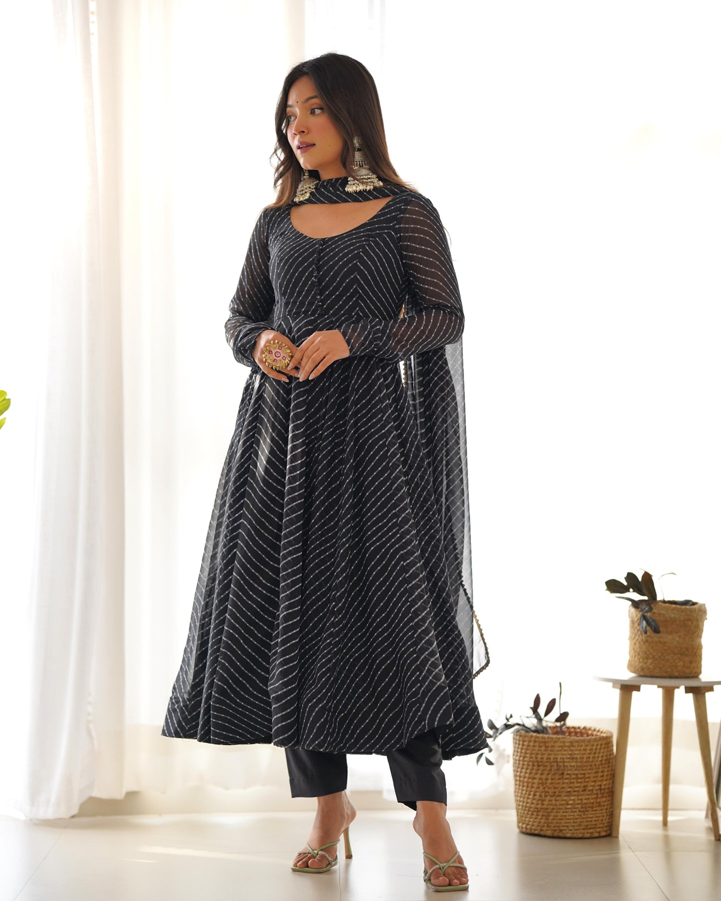 Black Color Leheriya Print Anarkali Gown With Dupatta