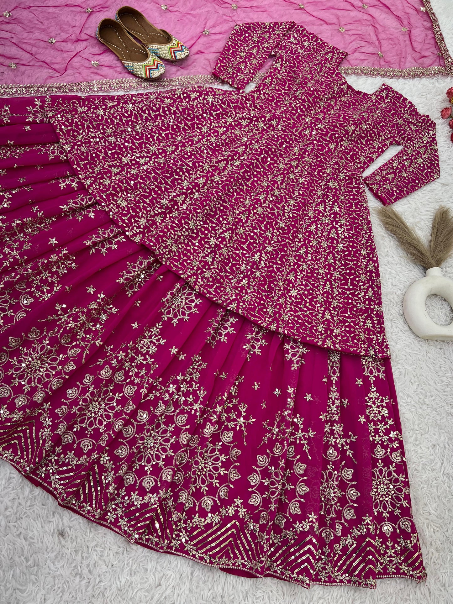 Wedding Wear Heavy Work Pink Color Top With Lehenga