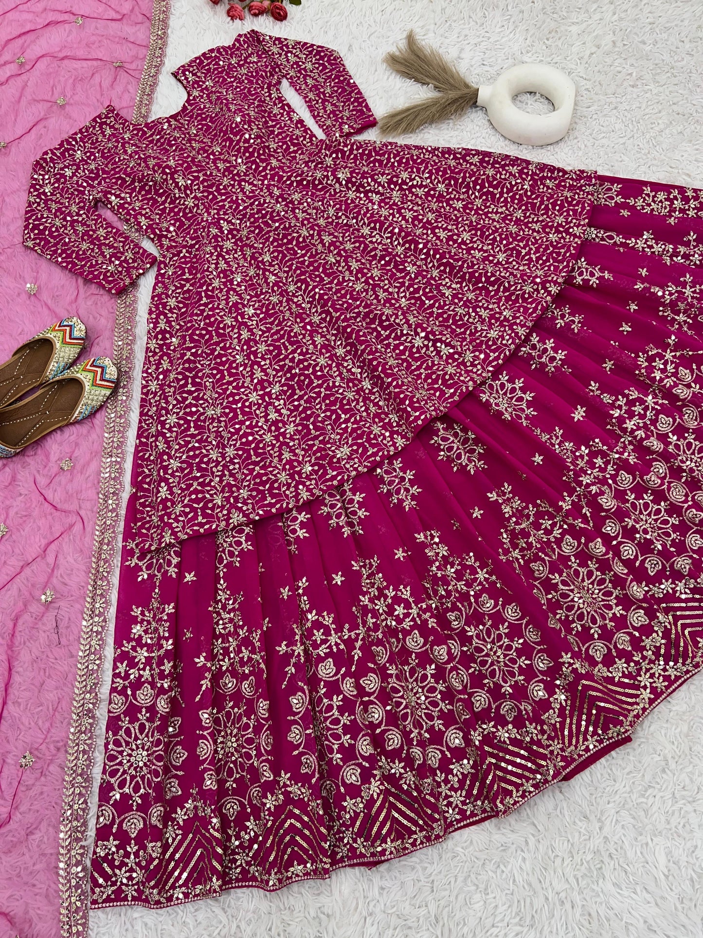 Wedding Wear Heavy Work Pink Color Top With Lehenga