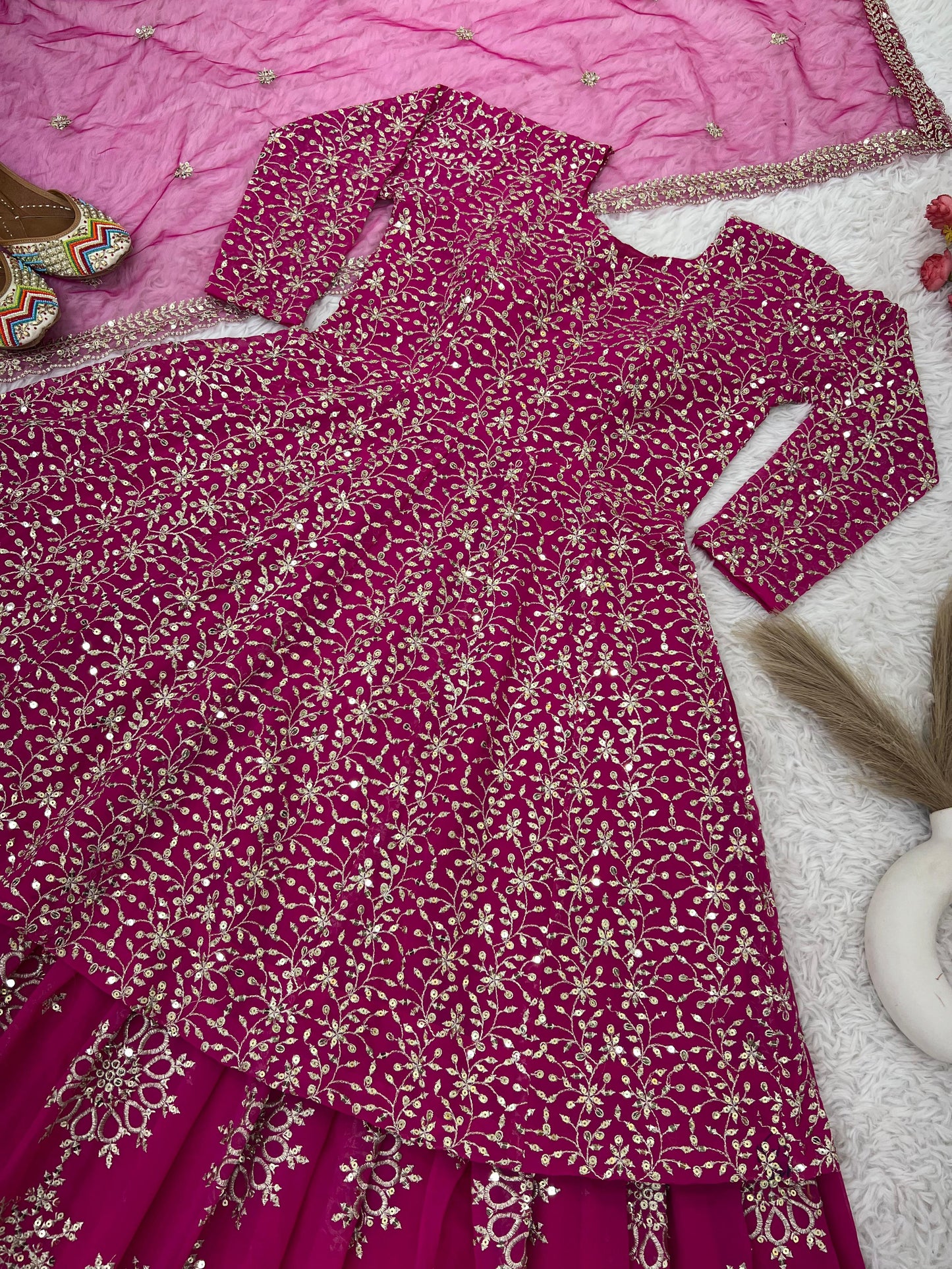 Wedding Wear Heavy Work Pink Color Top With Lehenga