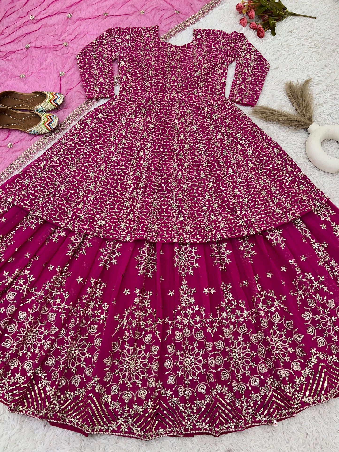 Wedding Wear Heavy Work Pink Color Top With Lehenga