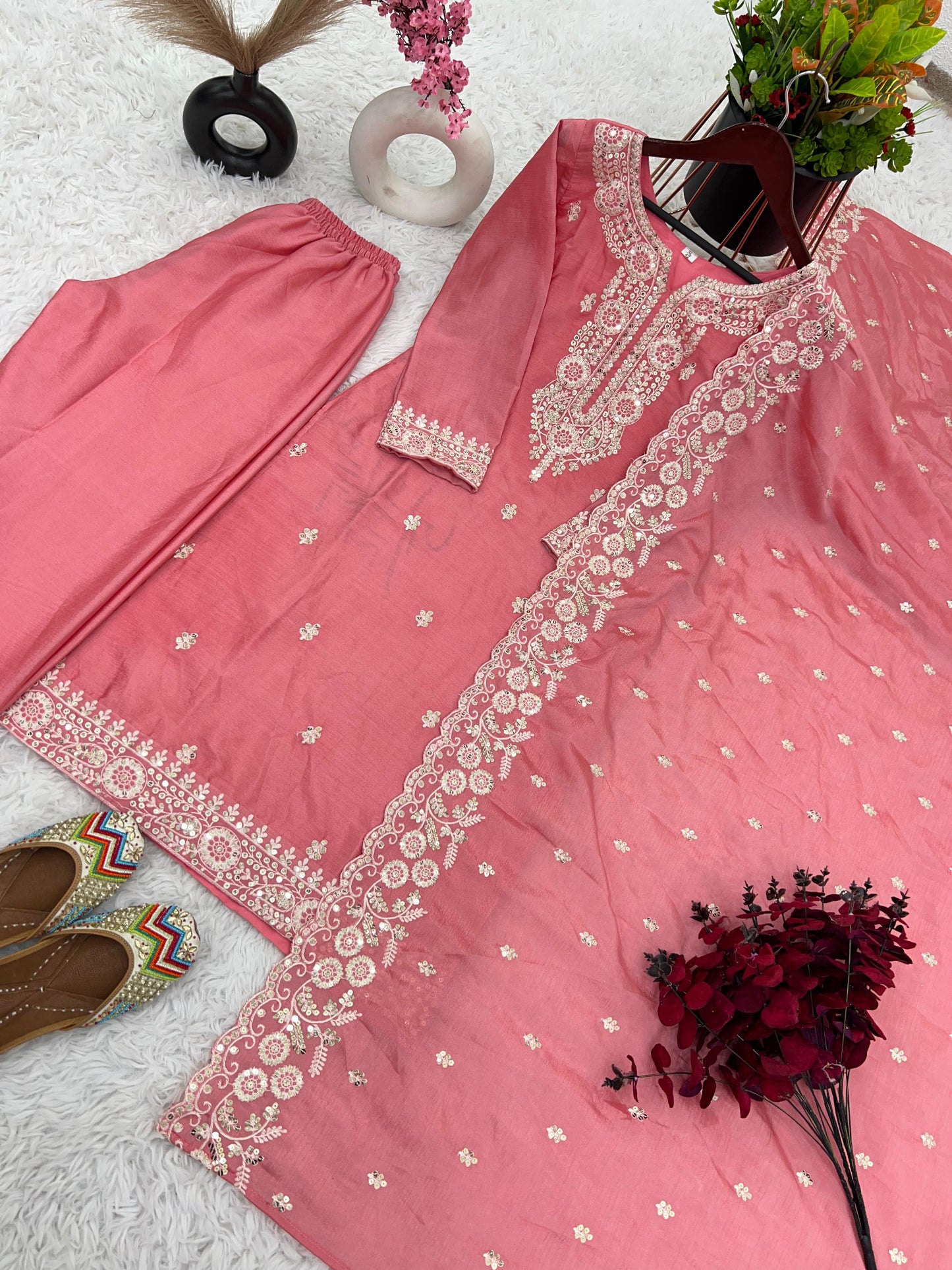 Designer Peach Color Chinon Silk Salwar Suit