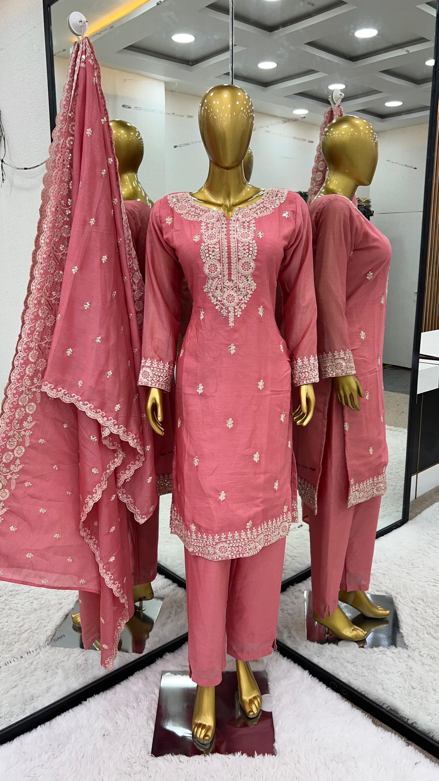 Designer Peach Color Chinon Silk Salwar Suit