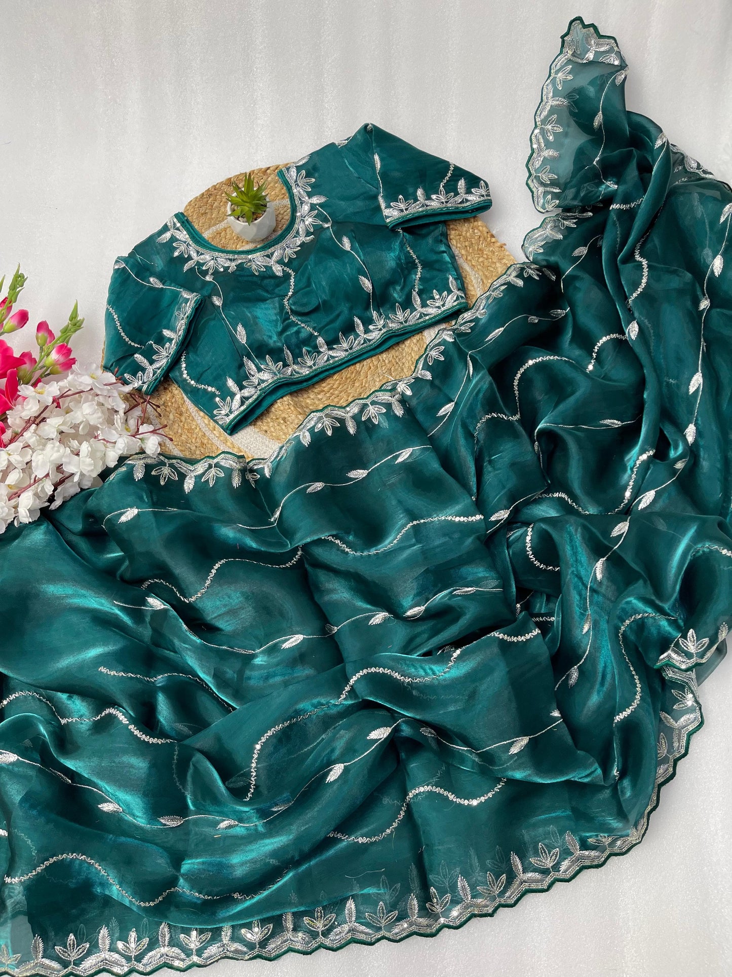 Presenting Sequence Work Border Teal Blue Silk Saree