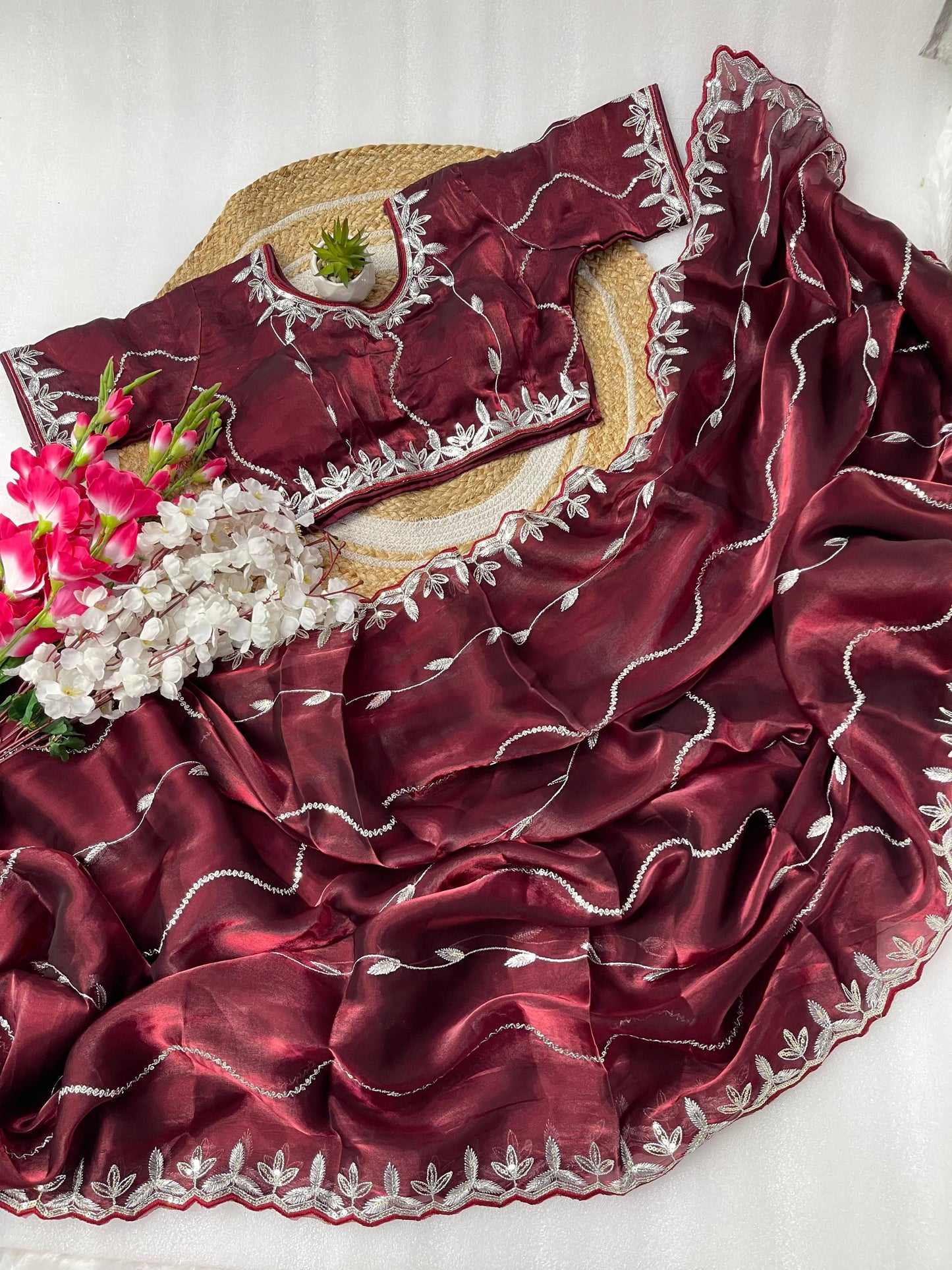 Presenting Sequence Work Border Maroon Silk Saree