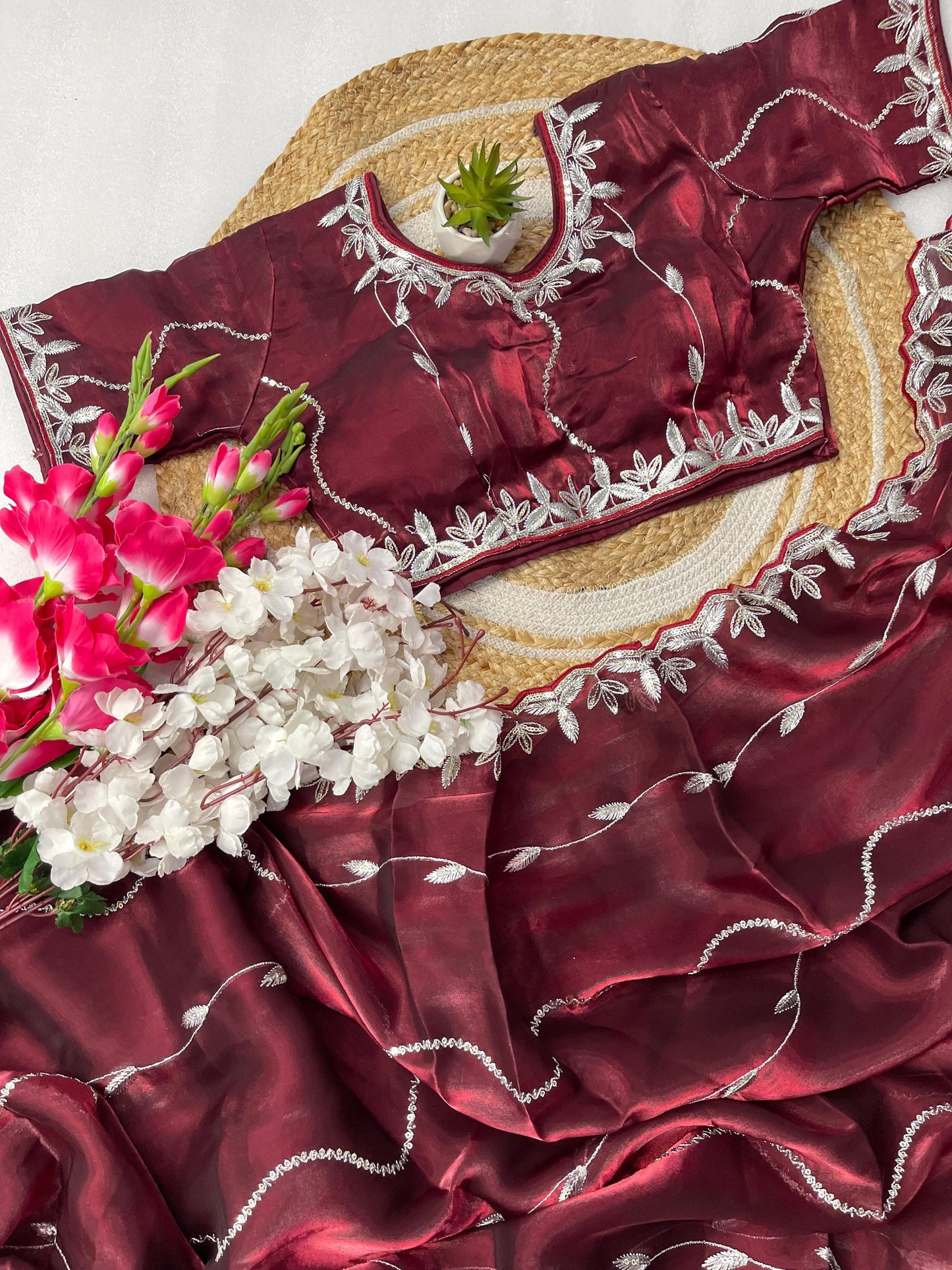 Presenting Sequence Work Border Maroon Silk Saree