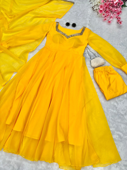 Yellow Color Neck Work Beautiful Anarkali Gown