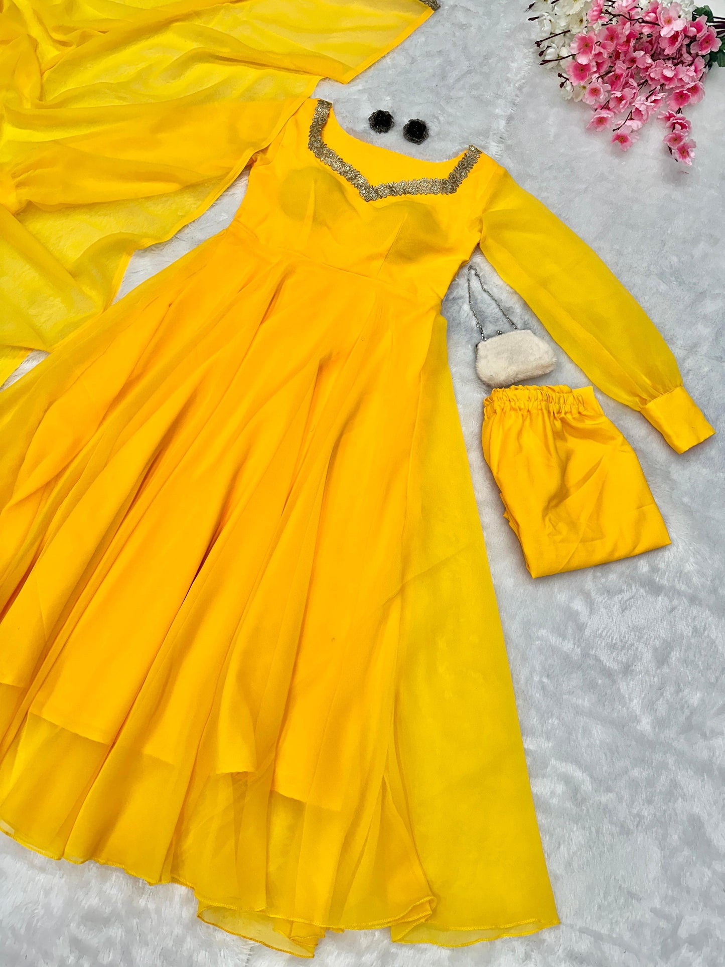 Yellow Color Neck Work Beautiful Anarkali Gown