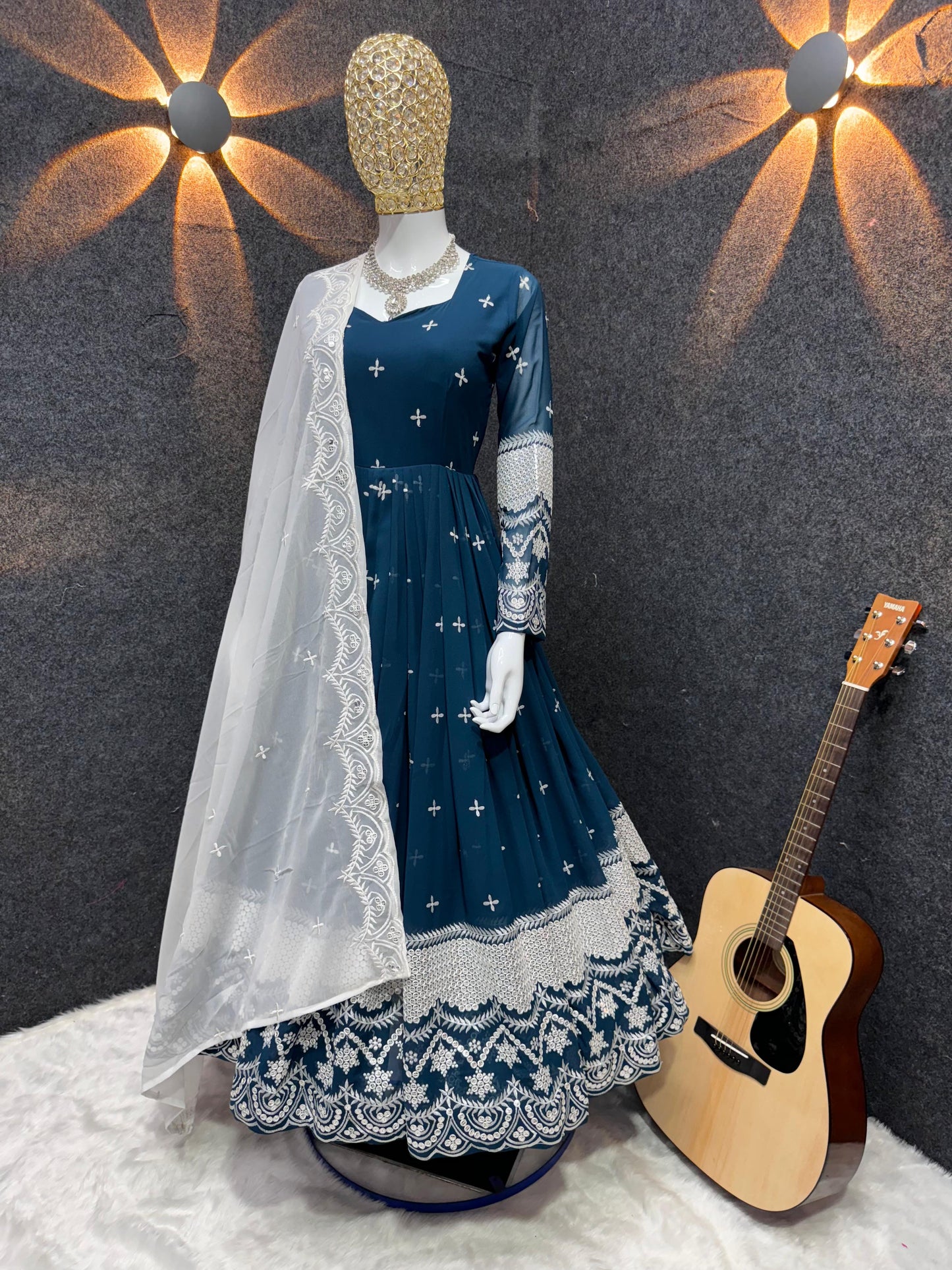 Occasion Wear Embroidery Work Blue Gown With Dupatta