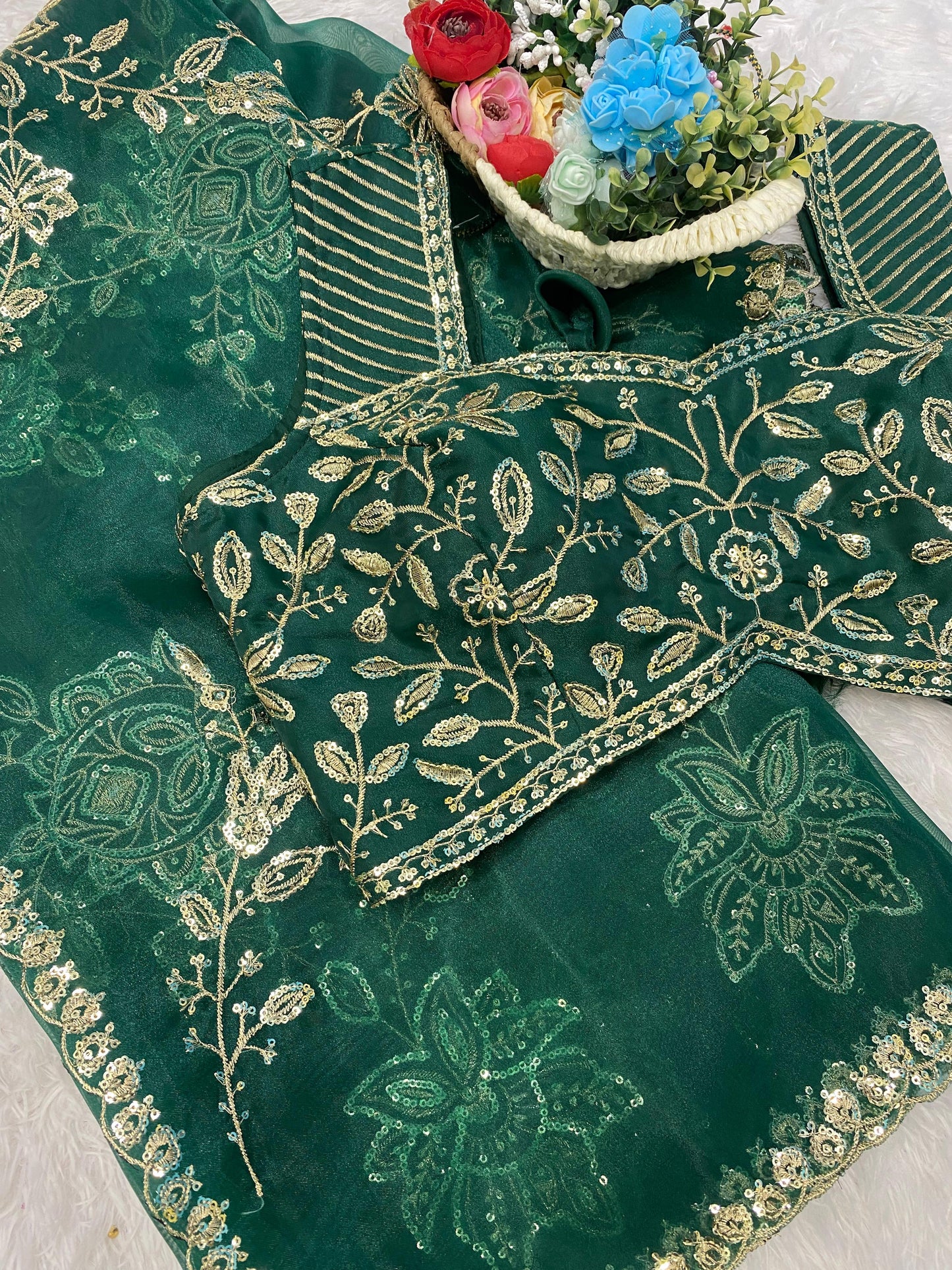 Organza Silk Green Color Embroidery Work Fancy Saree