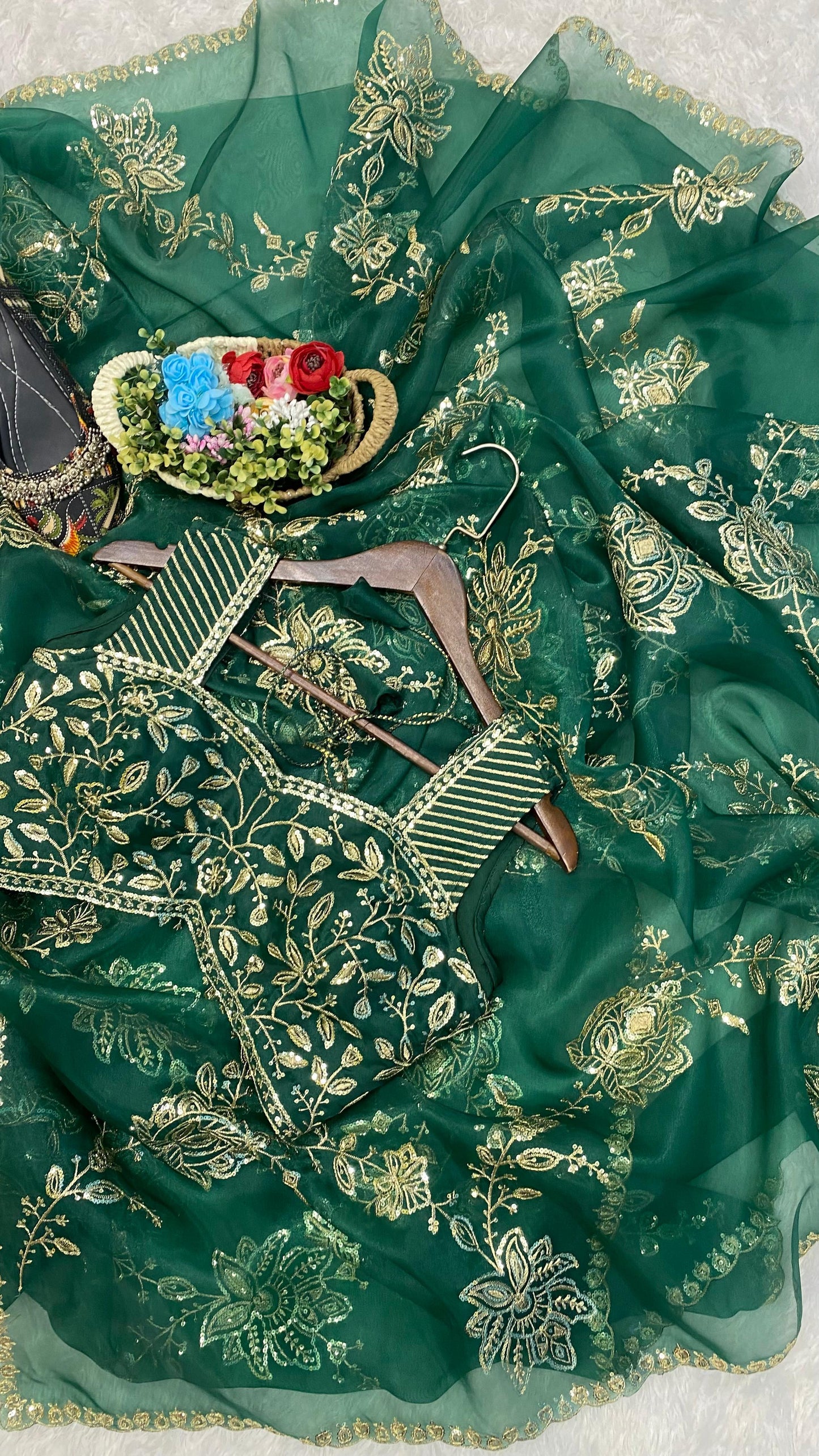 Organza Silk Green Color Embroidery Work Fancy Saree