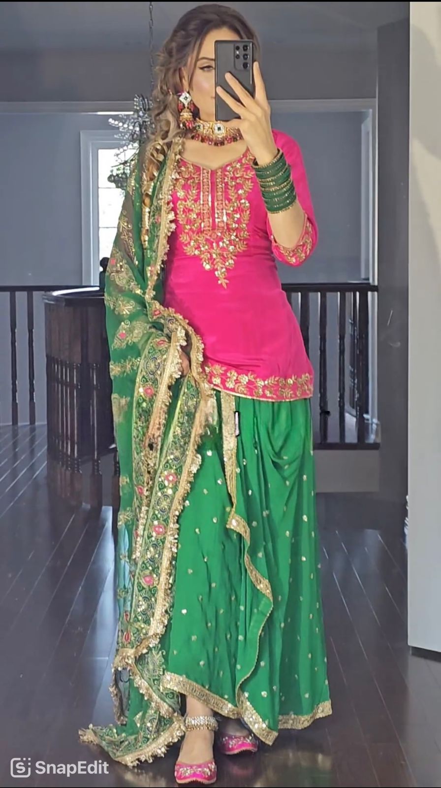 punjabi Style Pink WIth Green Sequence Work Lehenga With Top