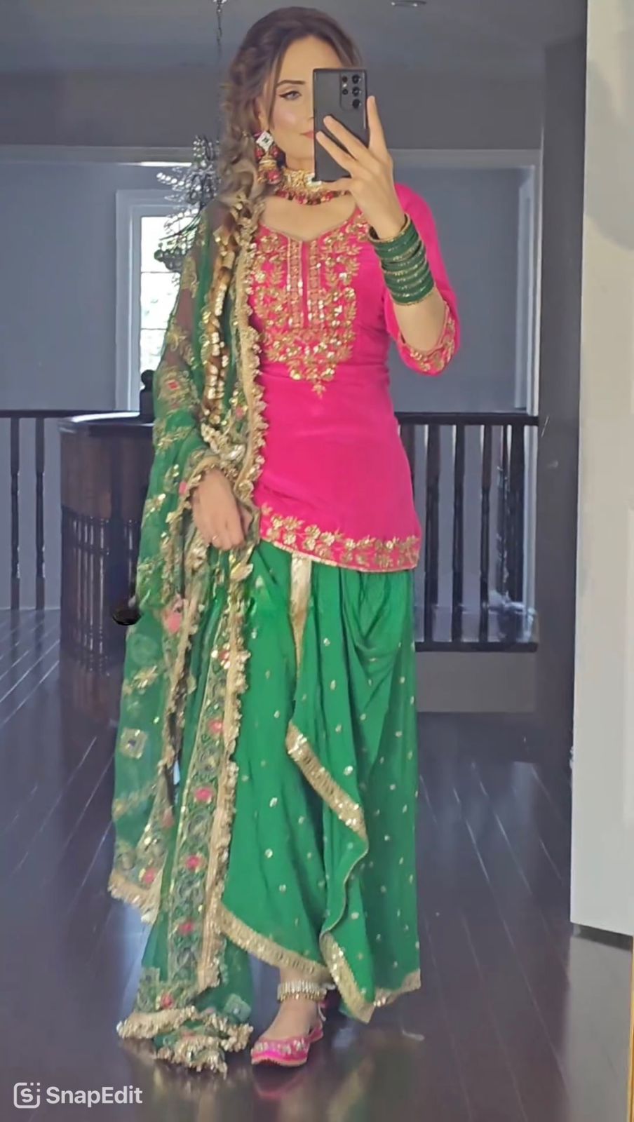 punjabi Style Pink WIth Green Sequence Work Lehenga With Top