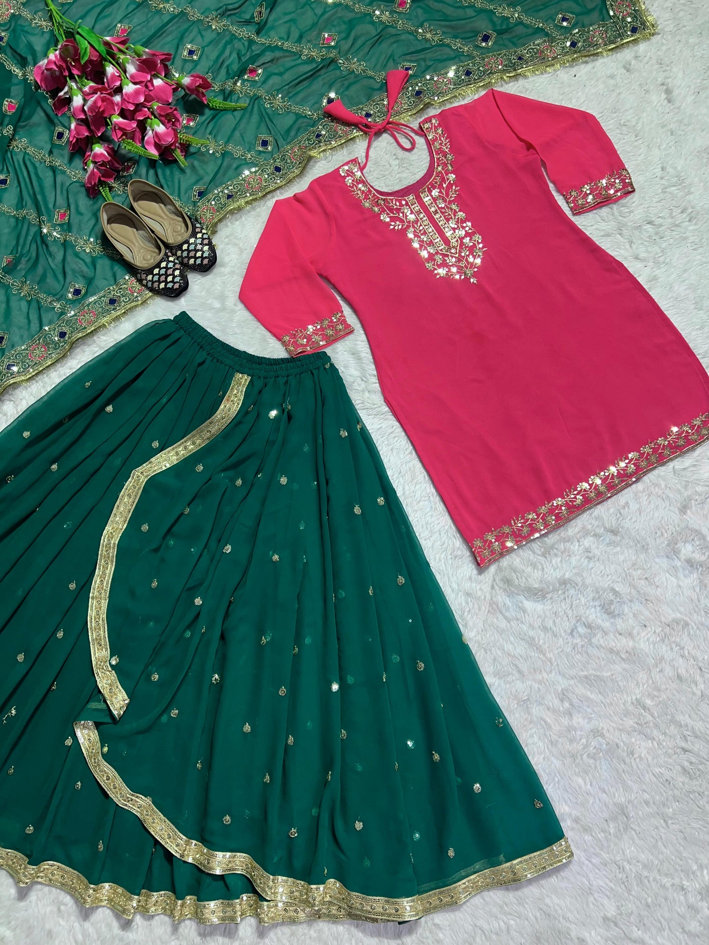 punjabi Style Pink WIth Green Sequence Work Lehenga With Top