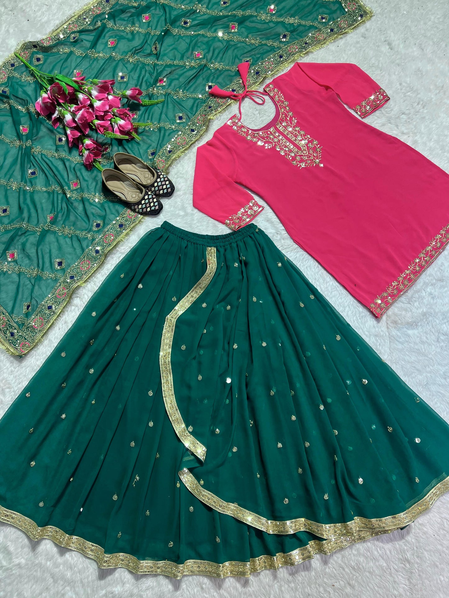 punjabi Style Pink WIth Green Sequence Work Lehenga With Top