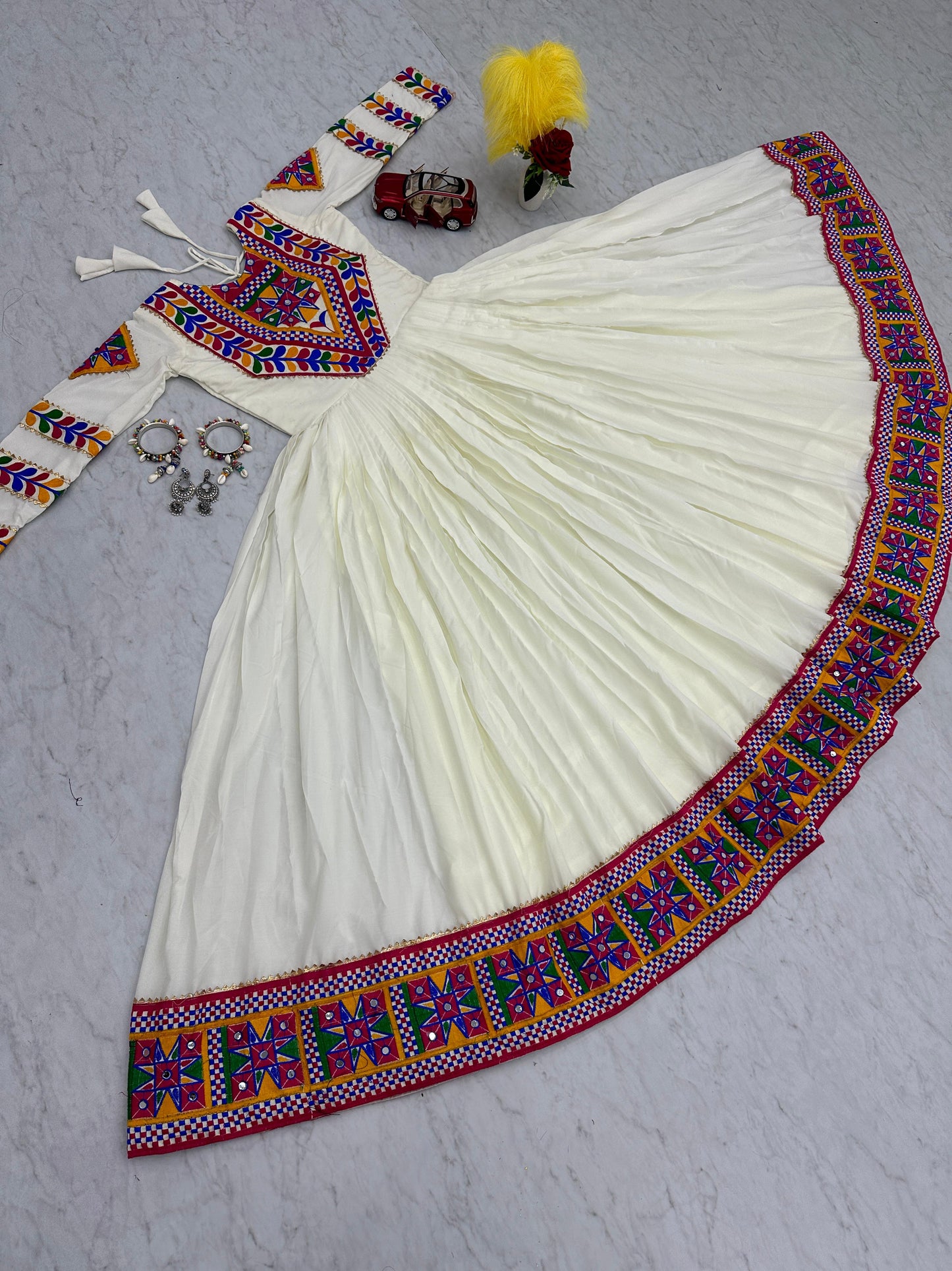 Navratri Special White Color Gamthi Work Long Gown