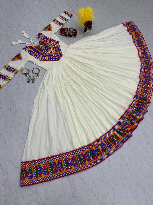 Navratri Special White Color Gamthi Work Long Gown