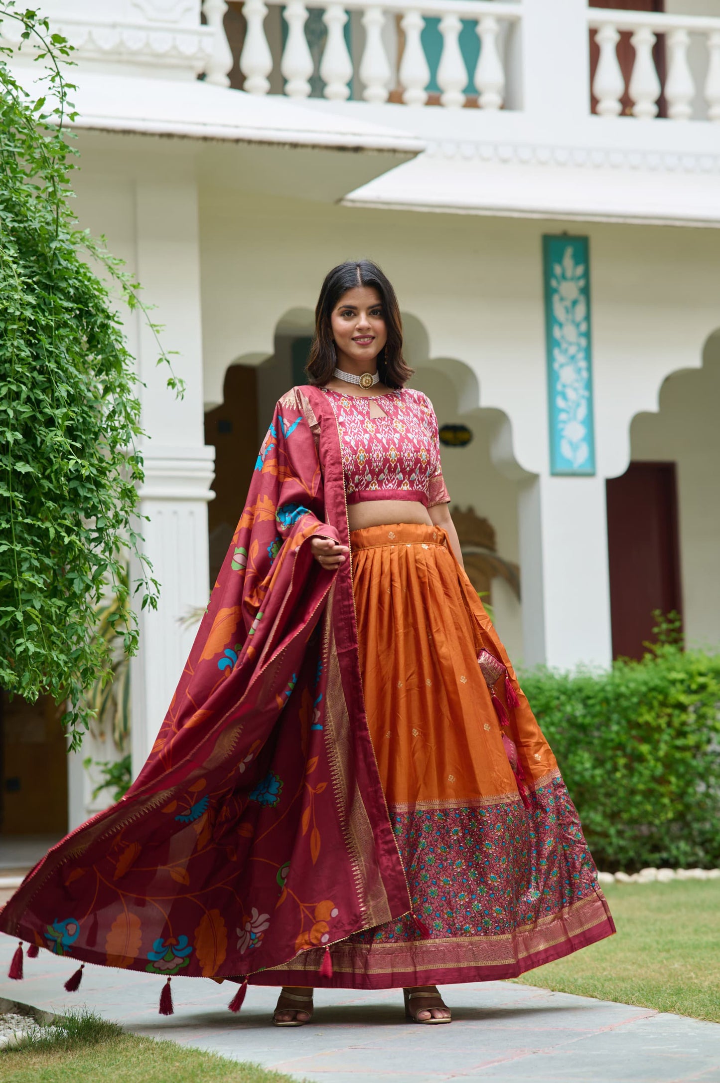 Mustard Color Meenakari With Foil Print Dola Silk Lehenga Choli