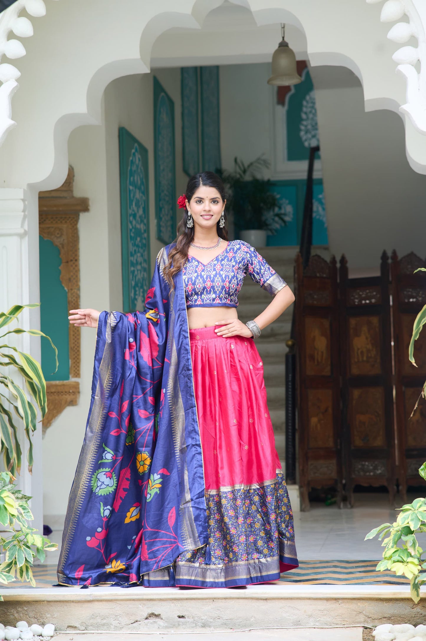 Pink Color Meenakari With Foil Print Dola Silk Lehenga Choli