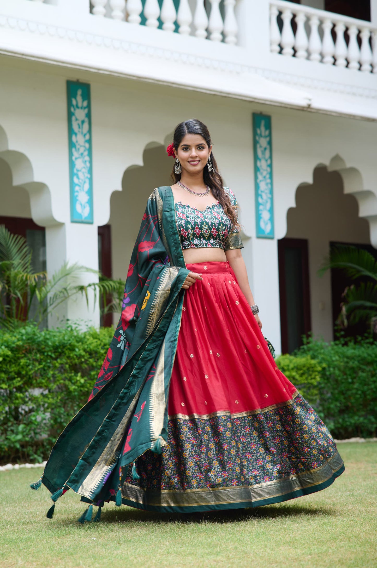 Red Color Meenakari With Foil Print Dola Silk Lehenga Choli