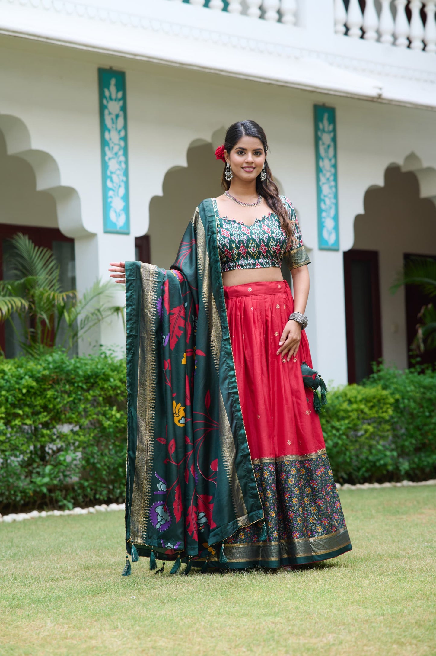 Red Color Meenakari With Foil Print Dola Silk Lehenga Choli