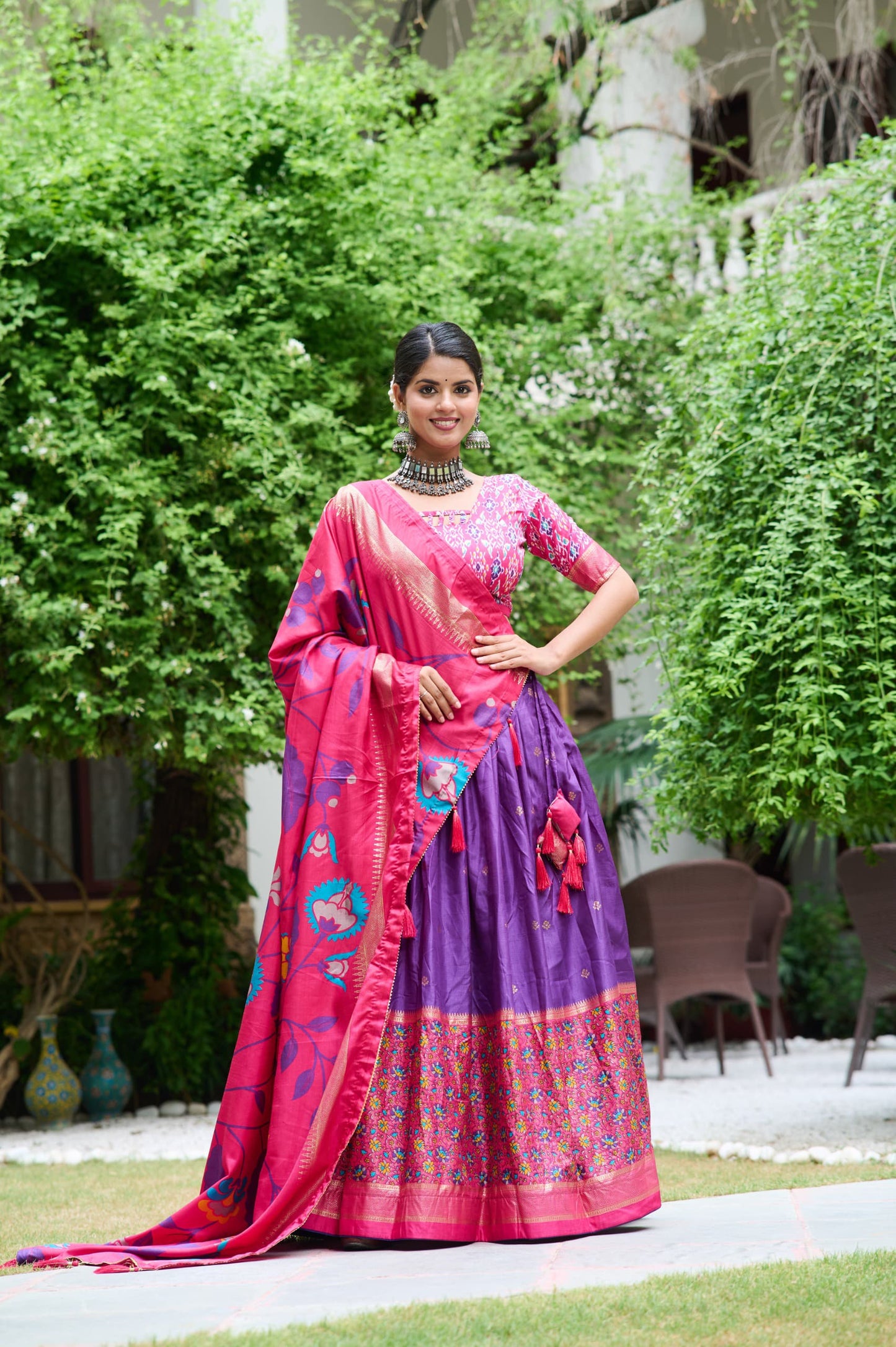 Purple Color Meenakari With Foil Print Dola Silk Lehenga Choli