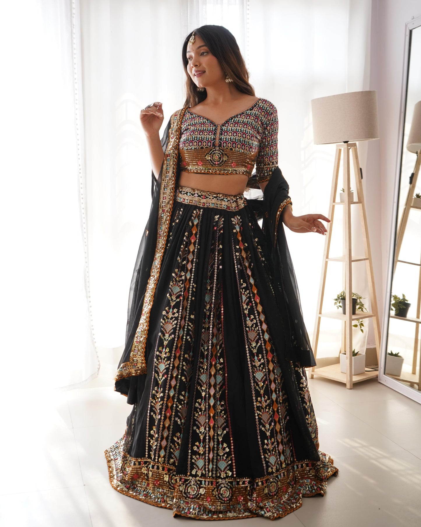 Captivating Multi Embroidery Work Black Color Lehenga Choli