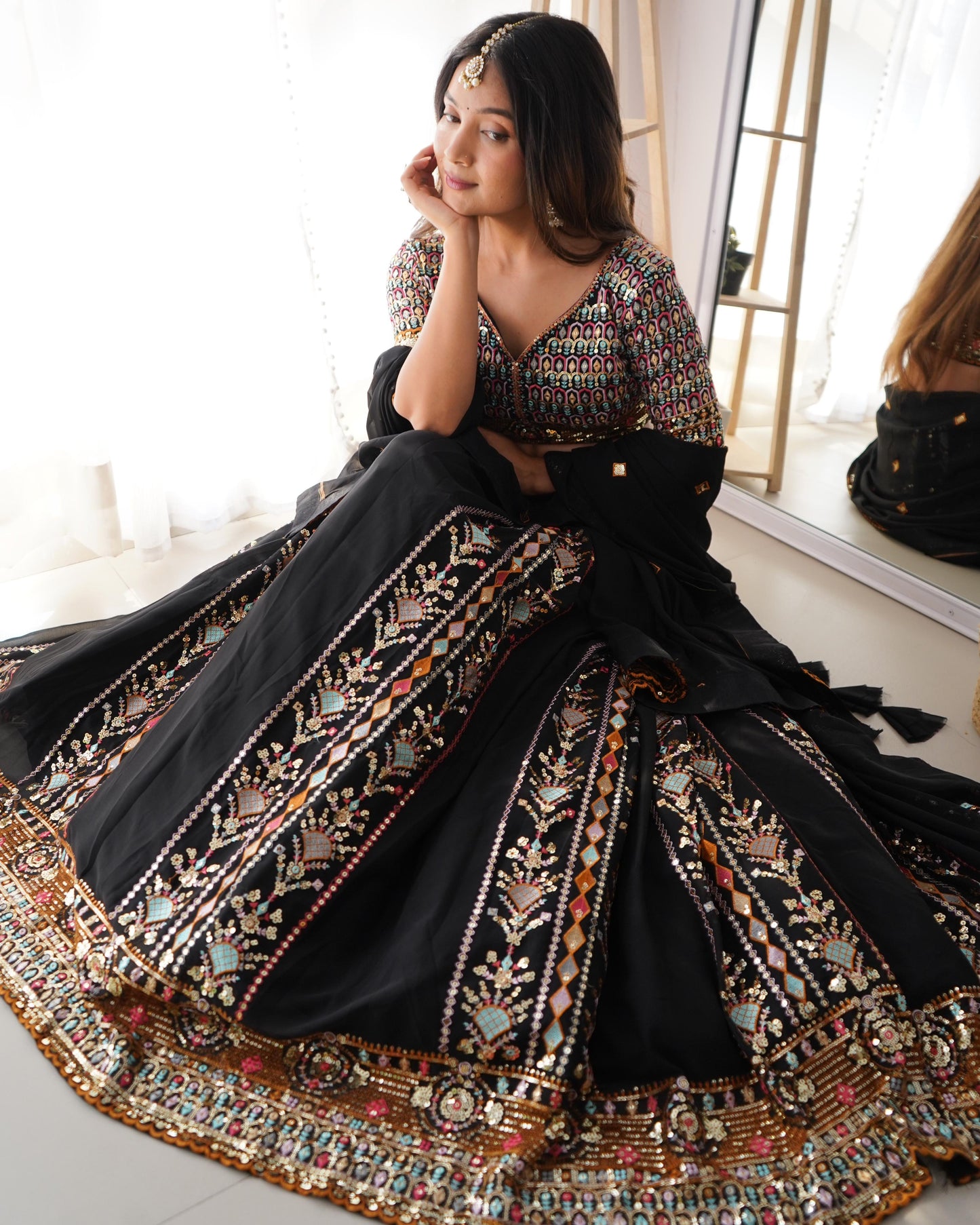 Captivating Multi Embroidery Work Black Color Lehenga Choli