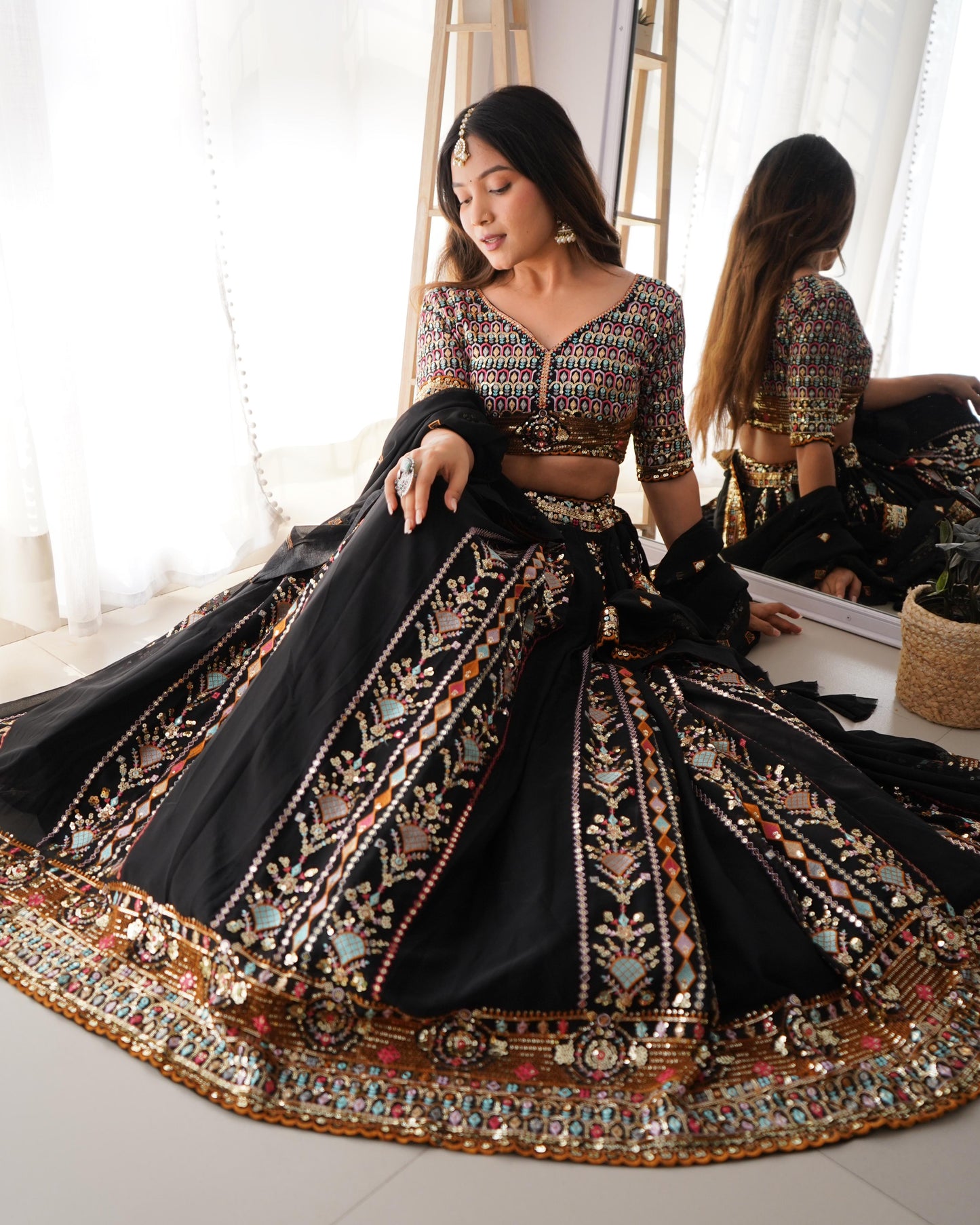 Captivating Multi Embroidery Work Black Color Lehenga Choli