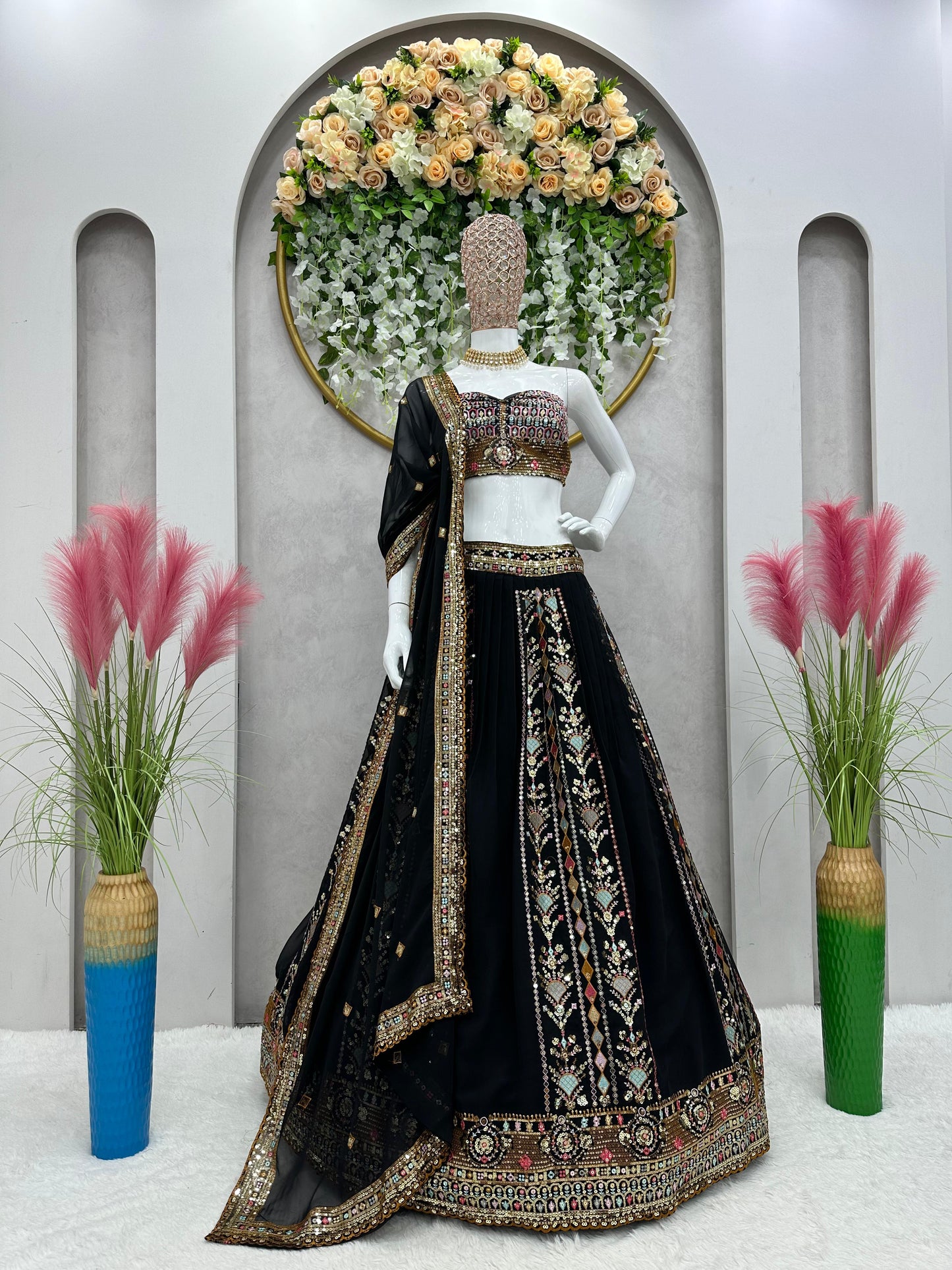 Captivating Multi Embroidery Work Black Color Lehenga Choli