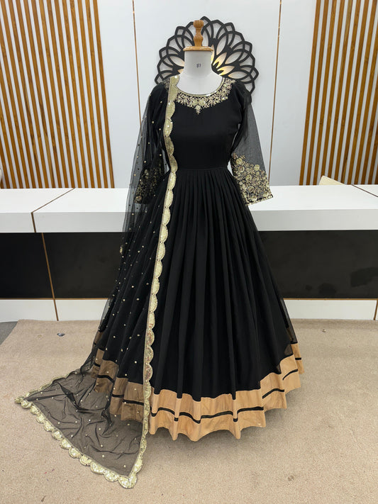 Shining Golden Lace Border Work Black Color Long Gown