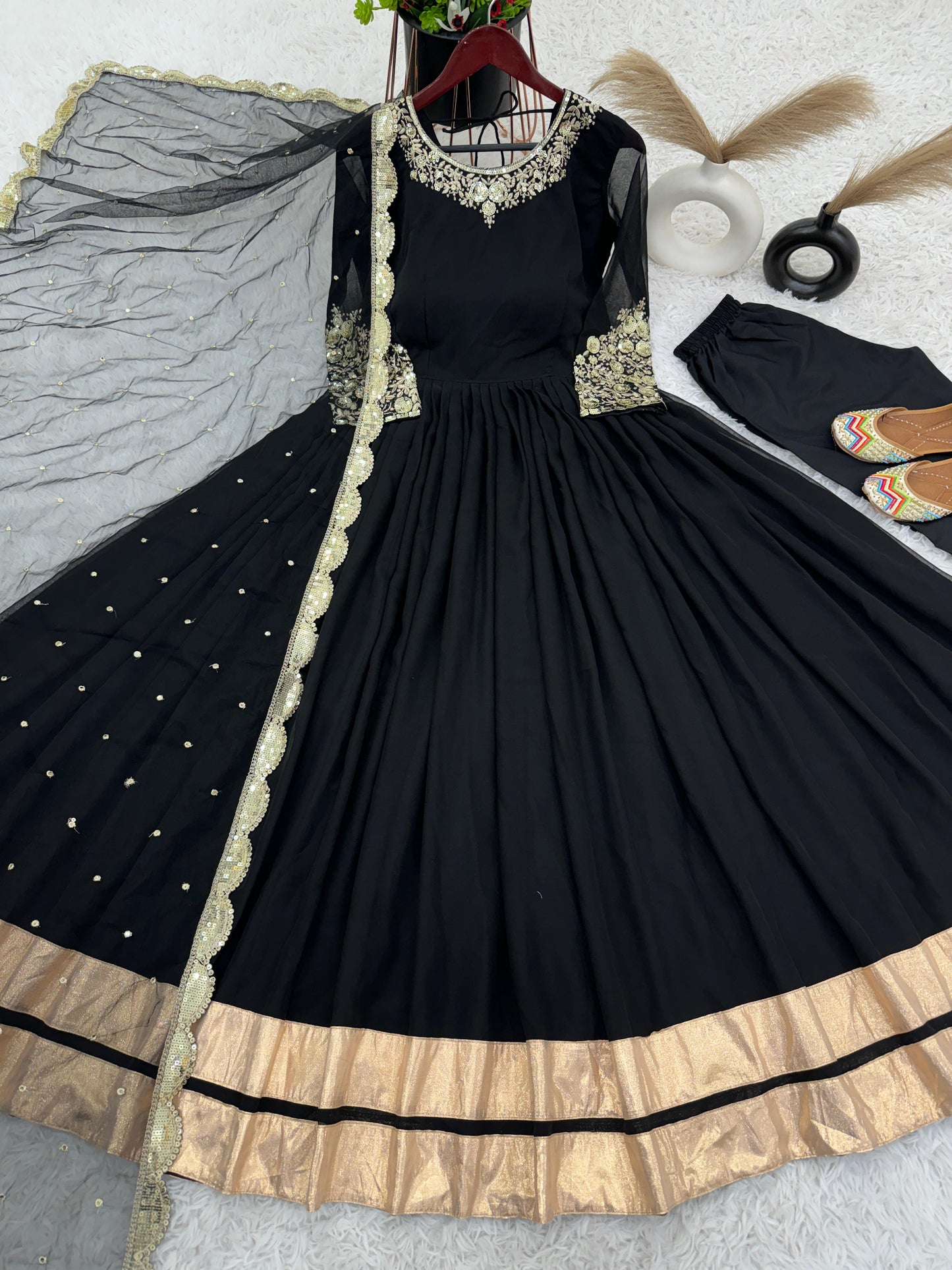 Shining Golden Lace Border Work Black Color Long Gown