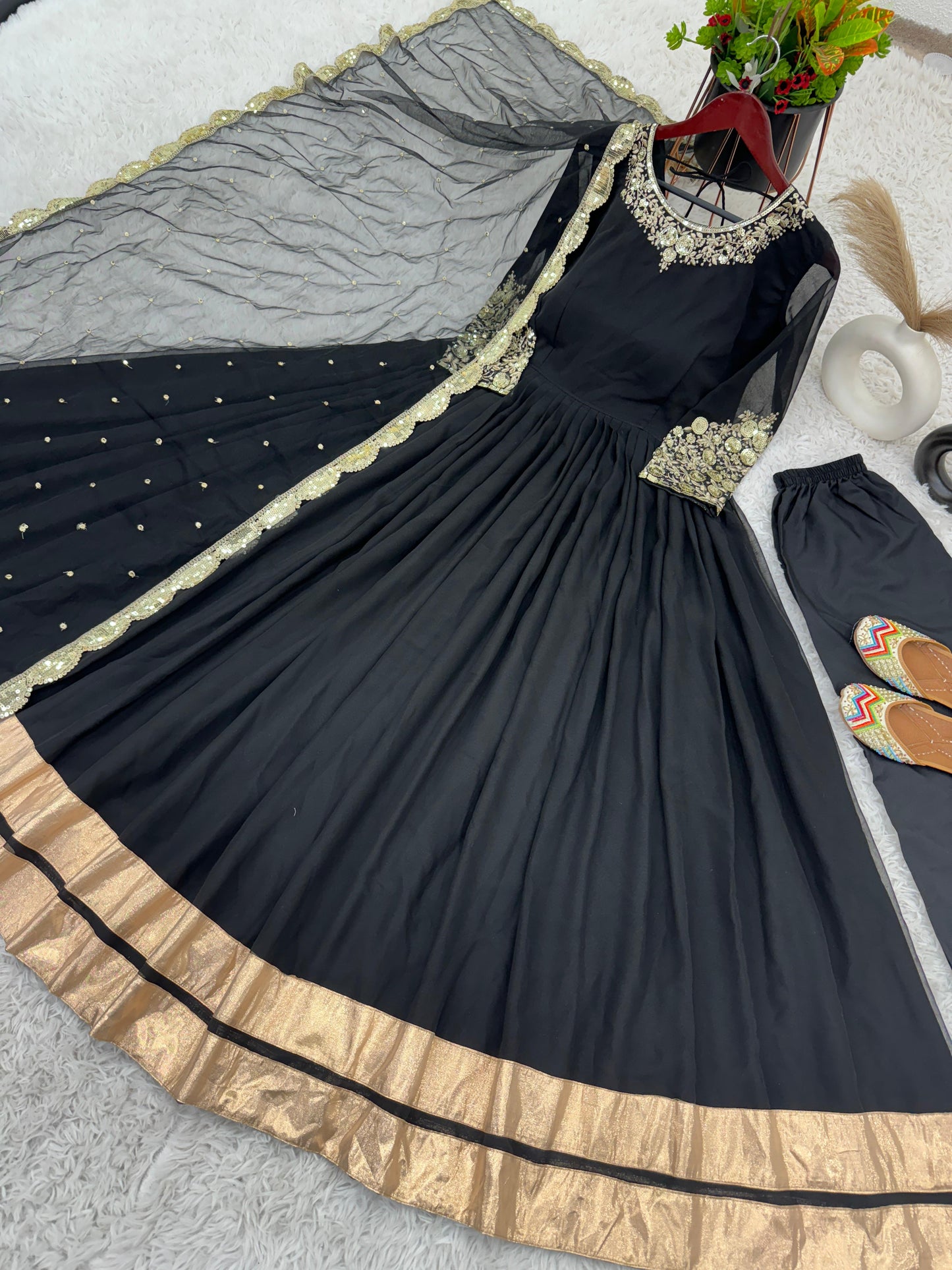 Shining Golden Lace Border Work Black Color Long Gown