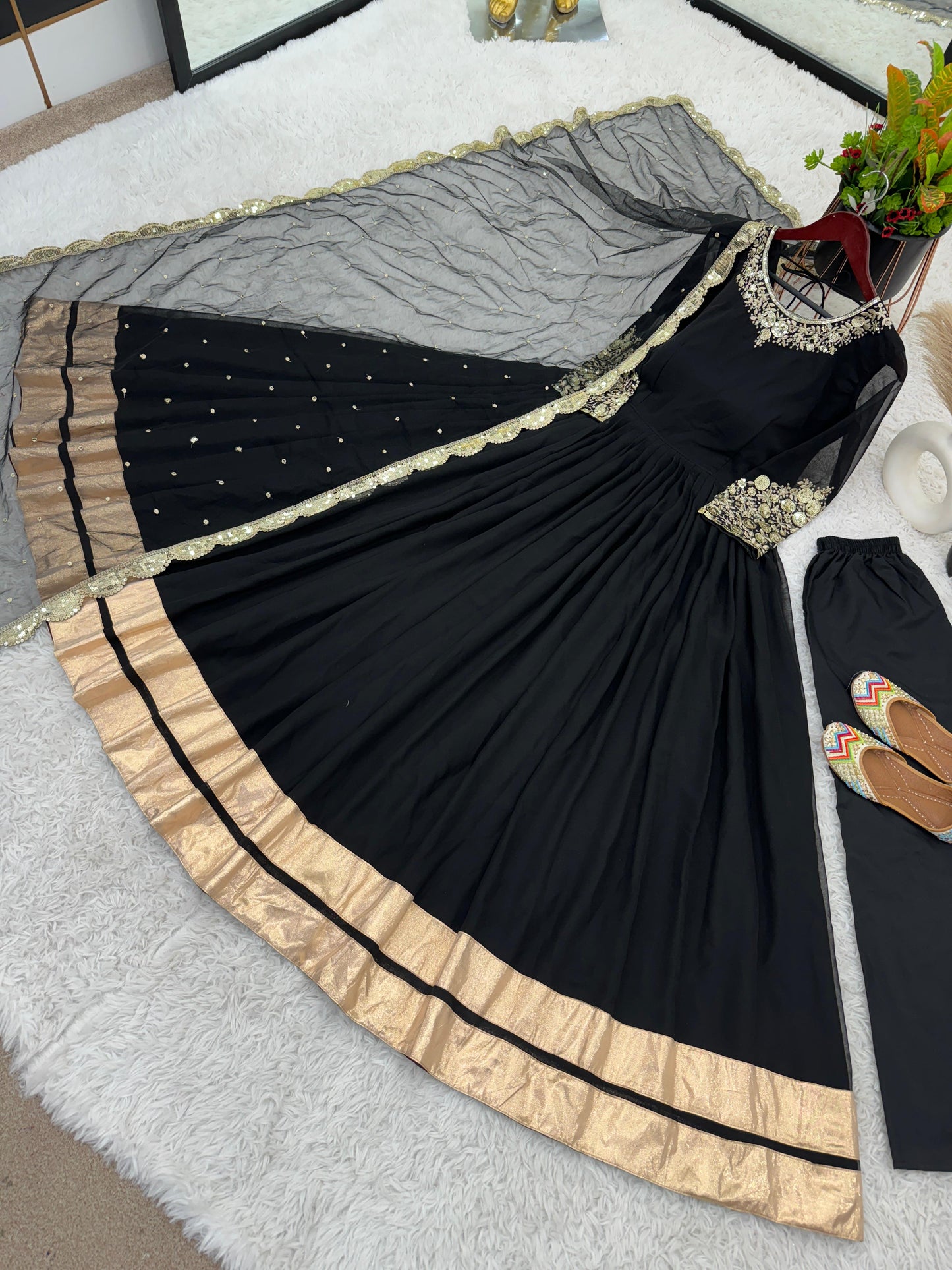 Shining Golden Lace Border Work Black Color Long Gown