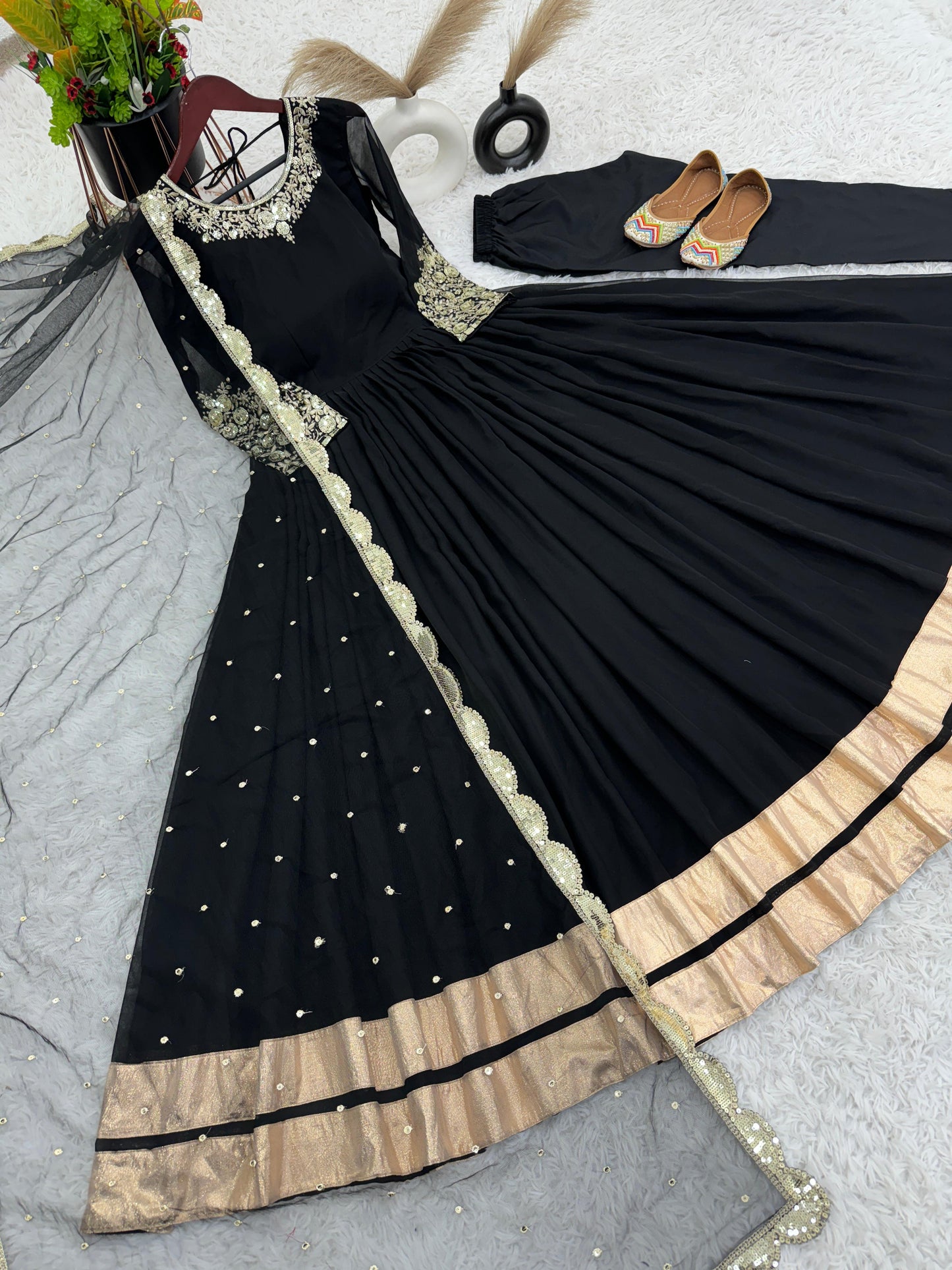 Shining Golden Lace Border Work Black Color Long Gown