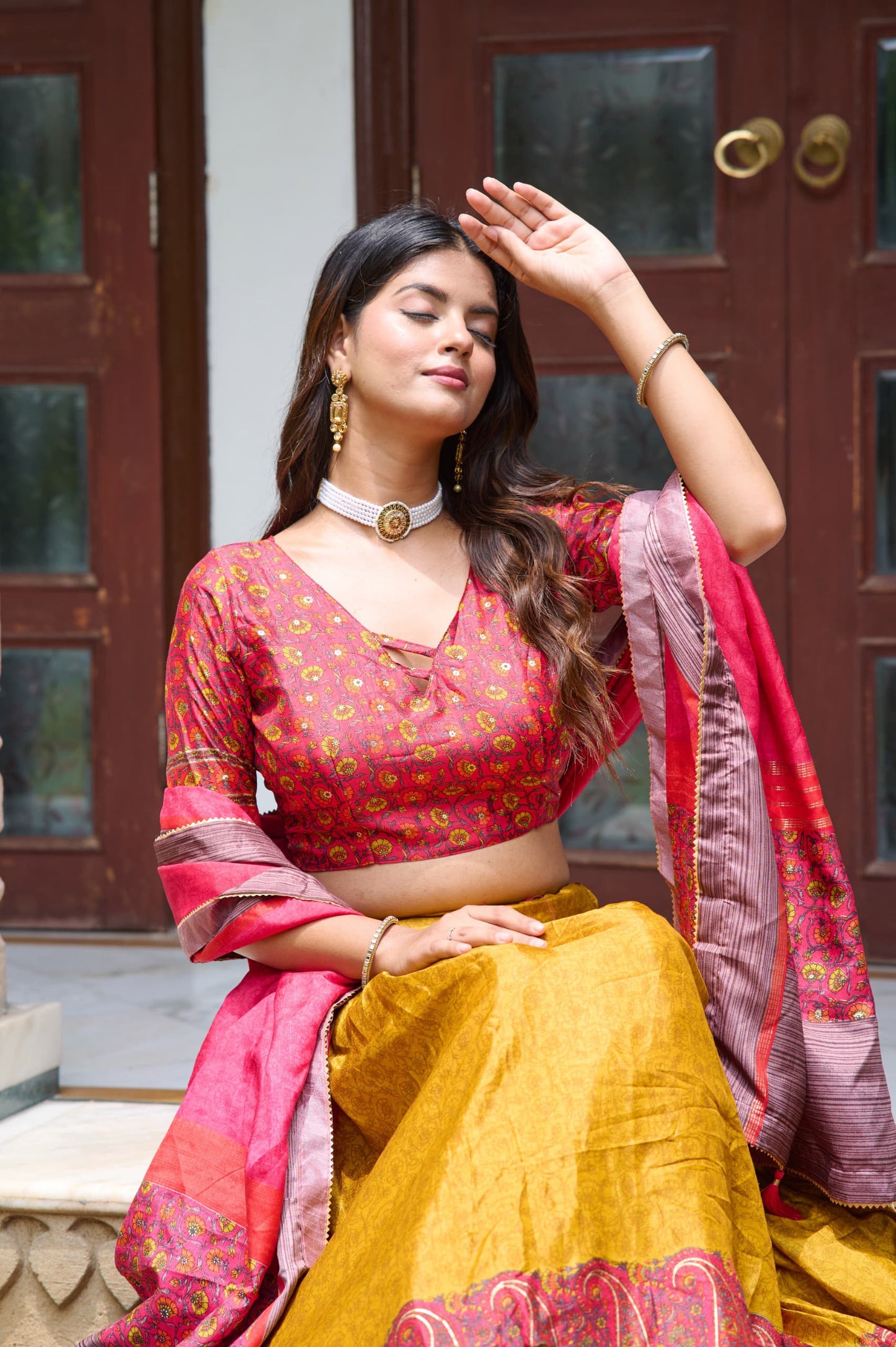 Captivating Kashmiri Print Mustard Color Lehenga Choli