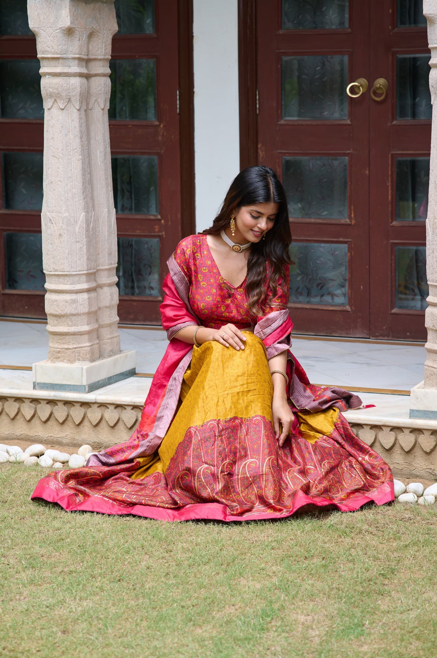 Captivating Kashmiri Print Mustard Color Lehenga Choli