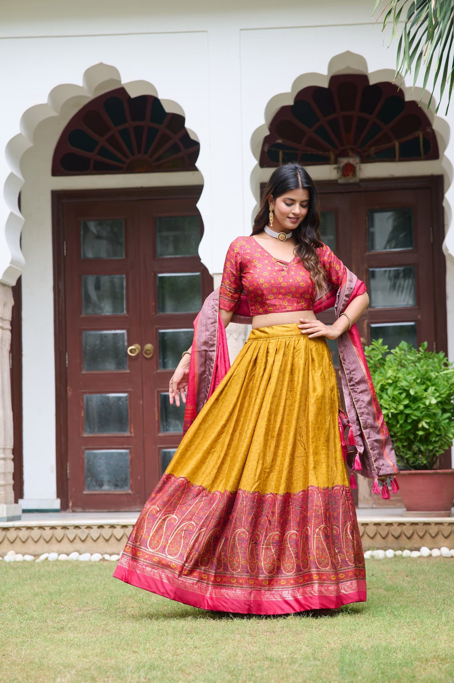 Captivating Kashmiri Print Mustard Color Lehenga Choli