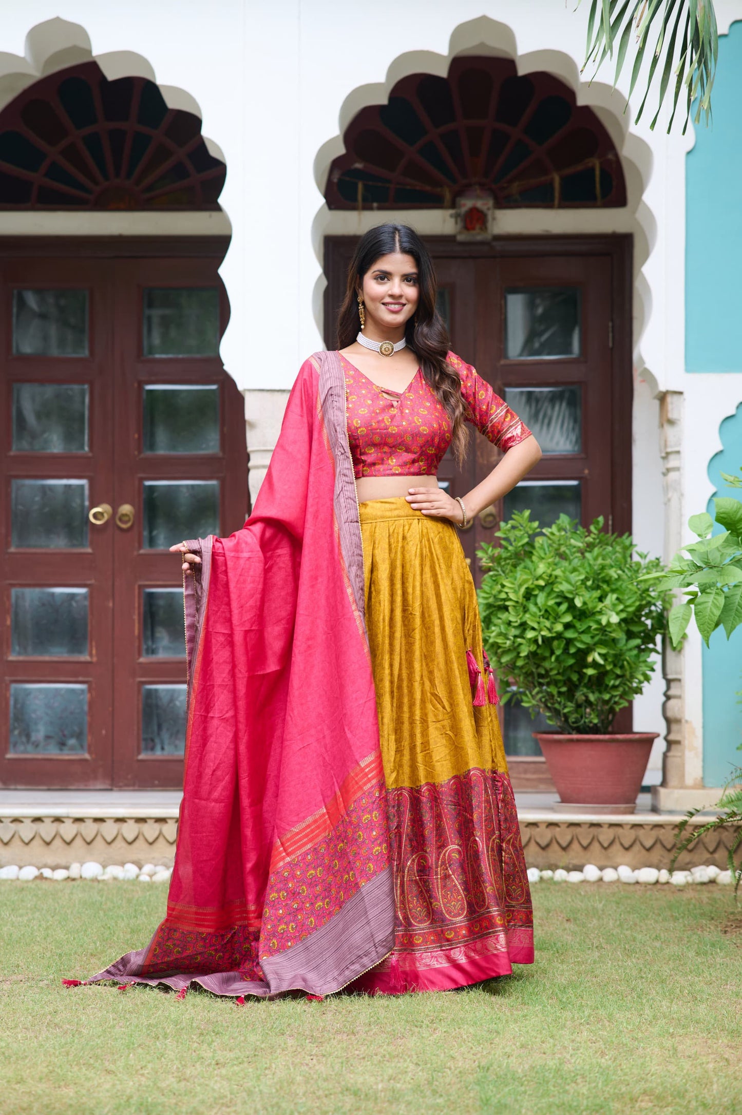 Captivating Kashmiri Print Mustard Color Lehenga Choli