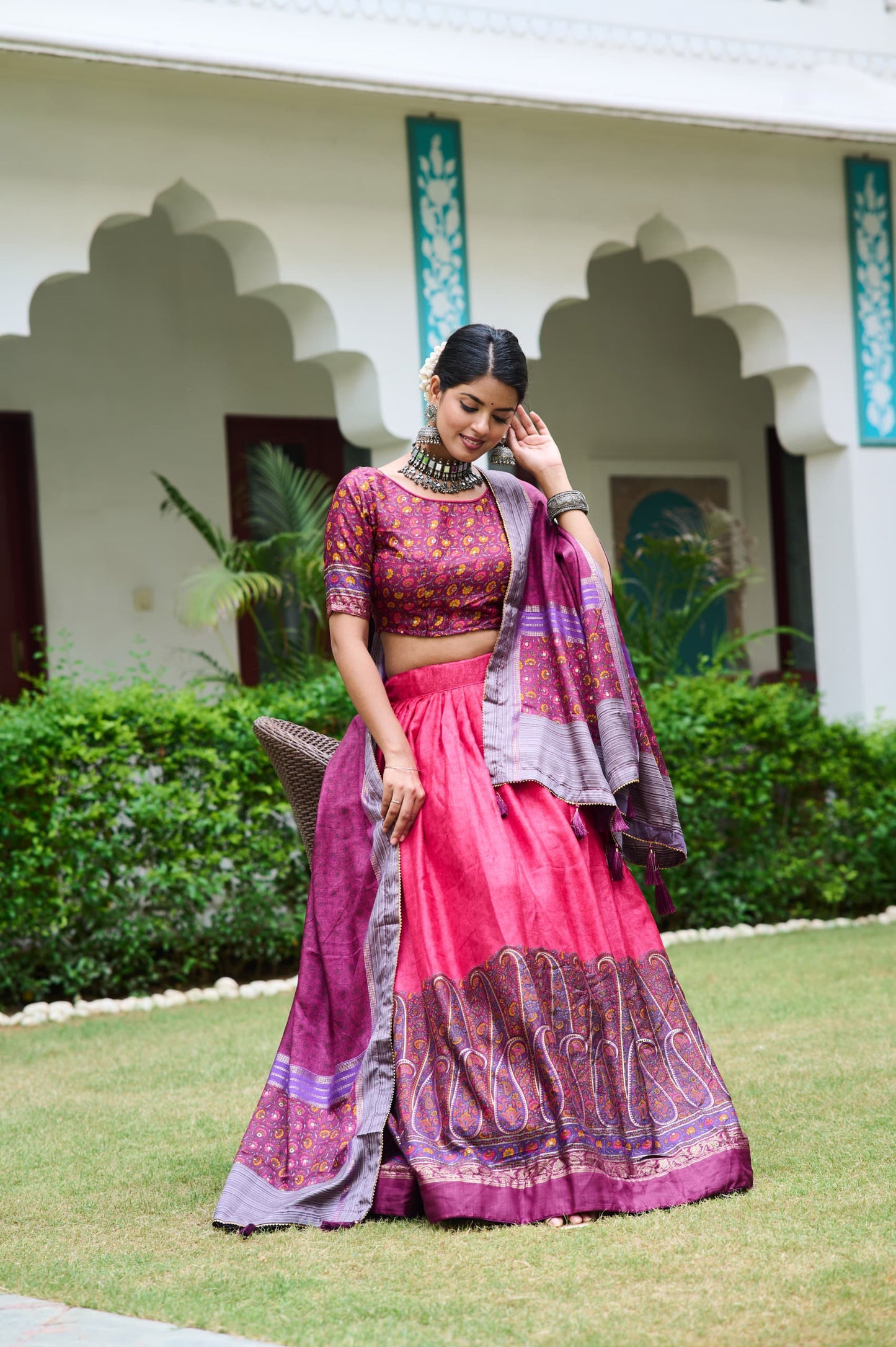 Captivating Kashmiri Print Pink Color Lehenga Choli