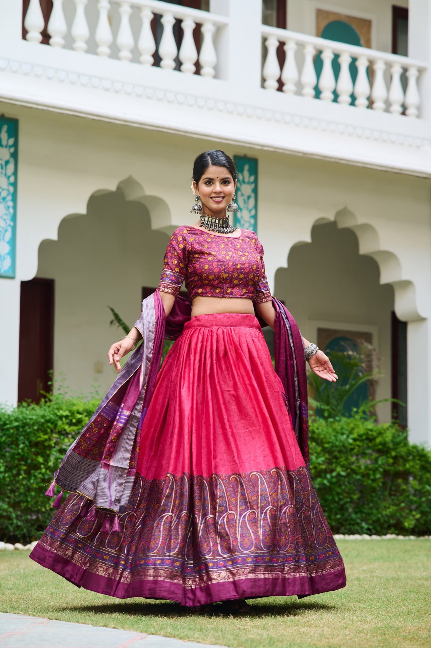 Captivating Kashmiri Print Pink Color Lehenga Choli