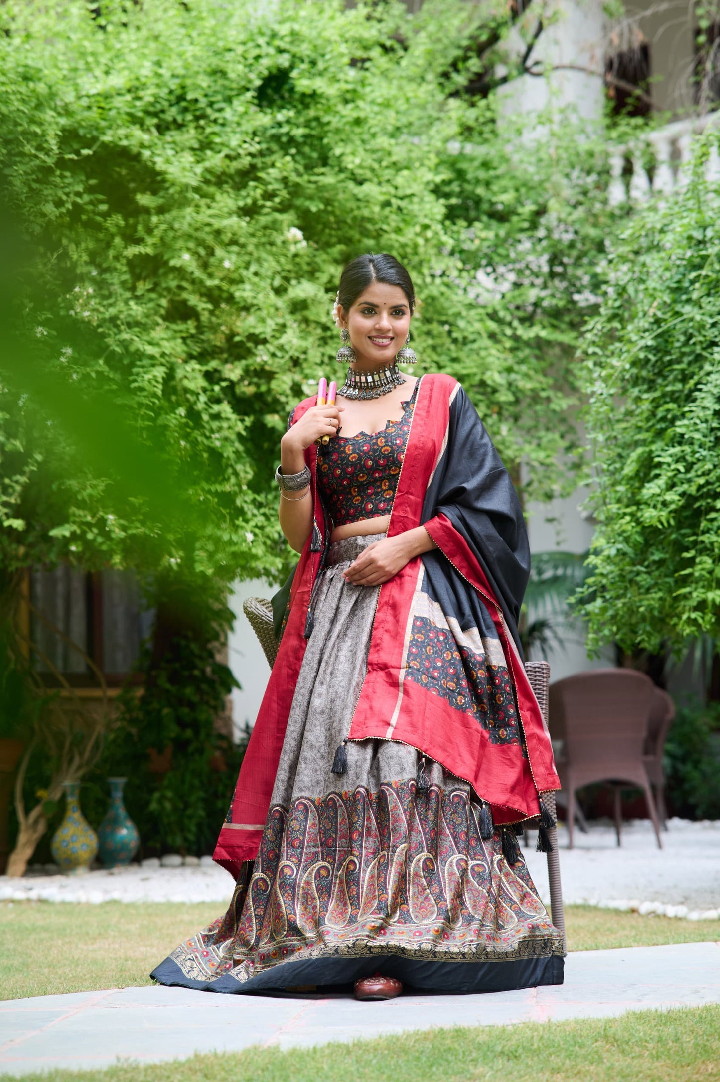 Captivating Kashmiri Print Grey Color Lehenga Choli