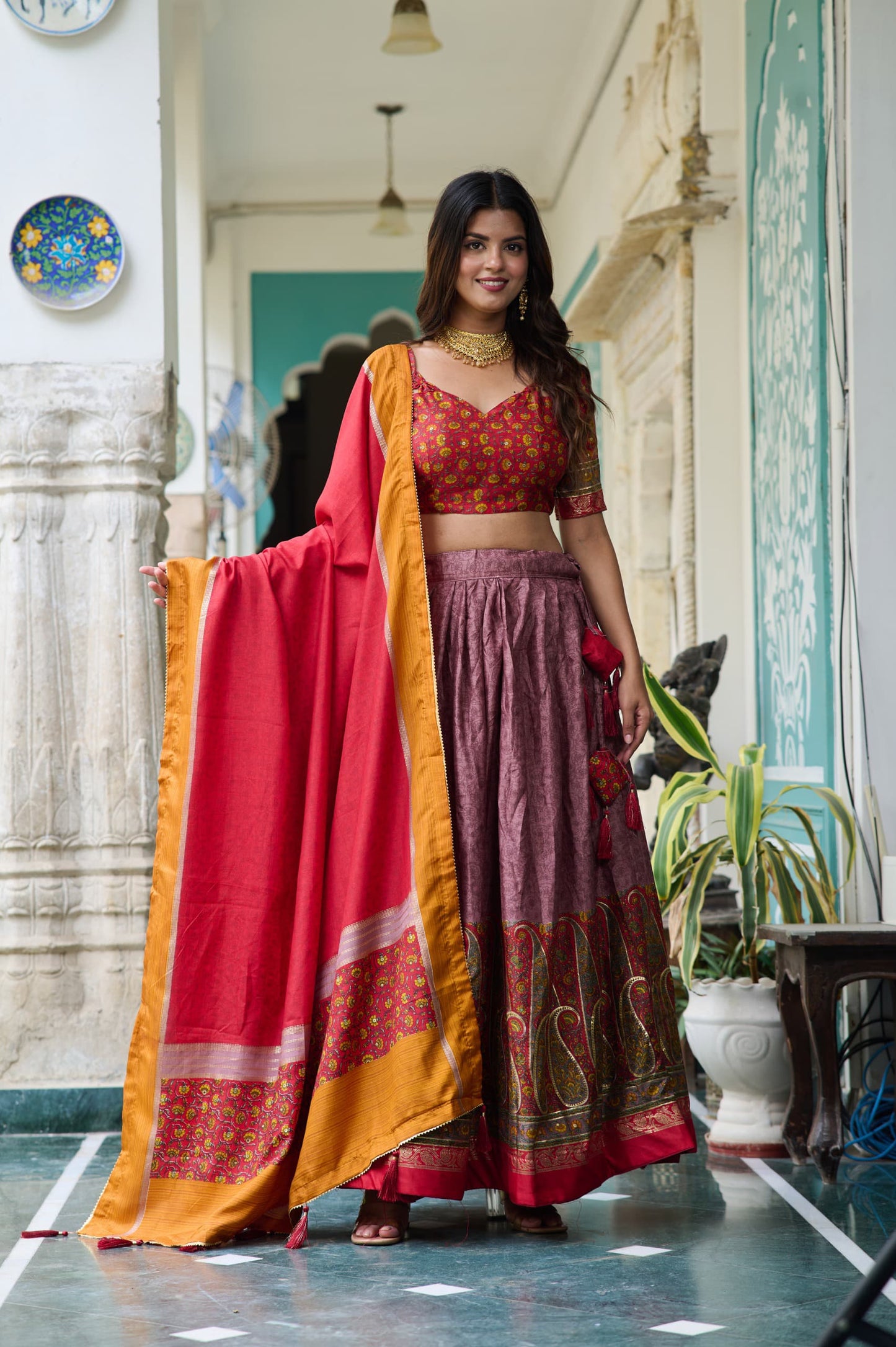 Captivating Kashmiri Print Dusty Pink Color Lehenga Choli