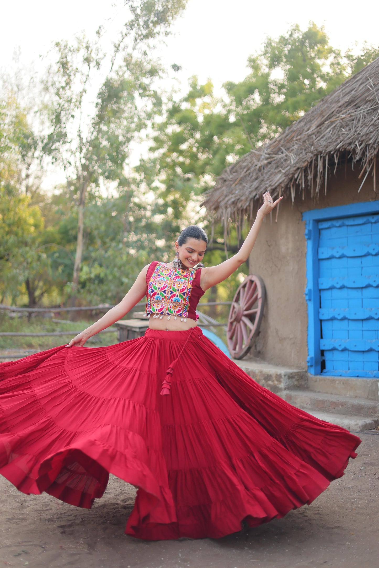 Designer Red Color Ruffle Lehenga Choli With Work Koti