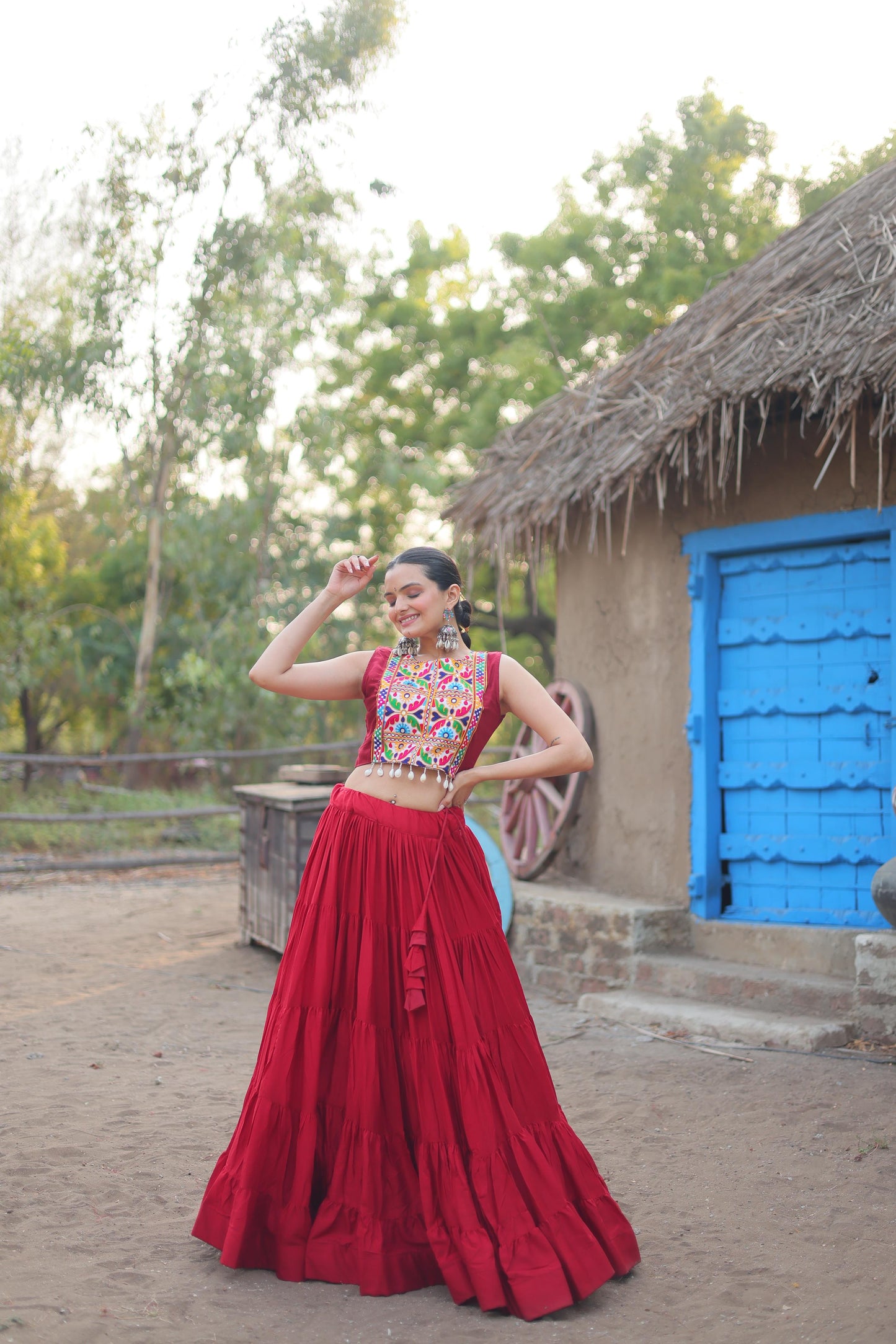 Designer Red Color Ruffle Lehenga Choli With Work Koti